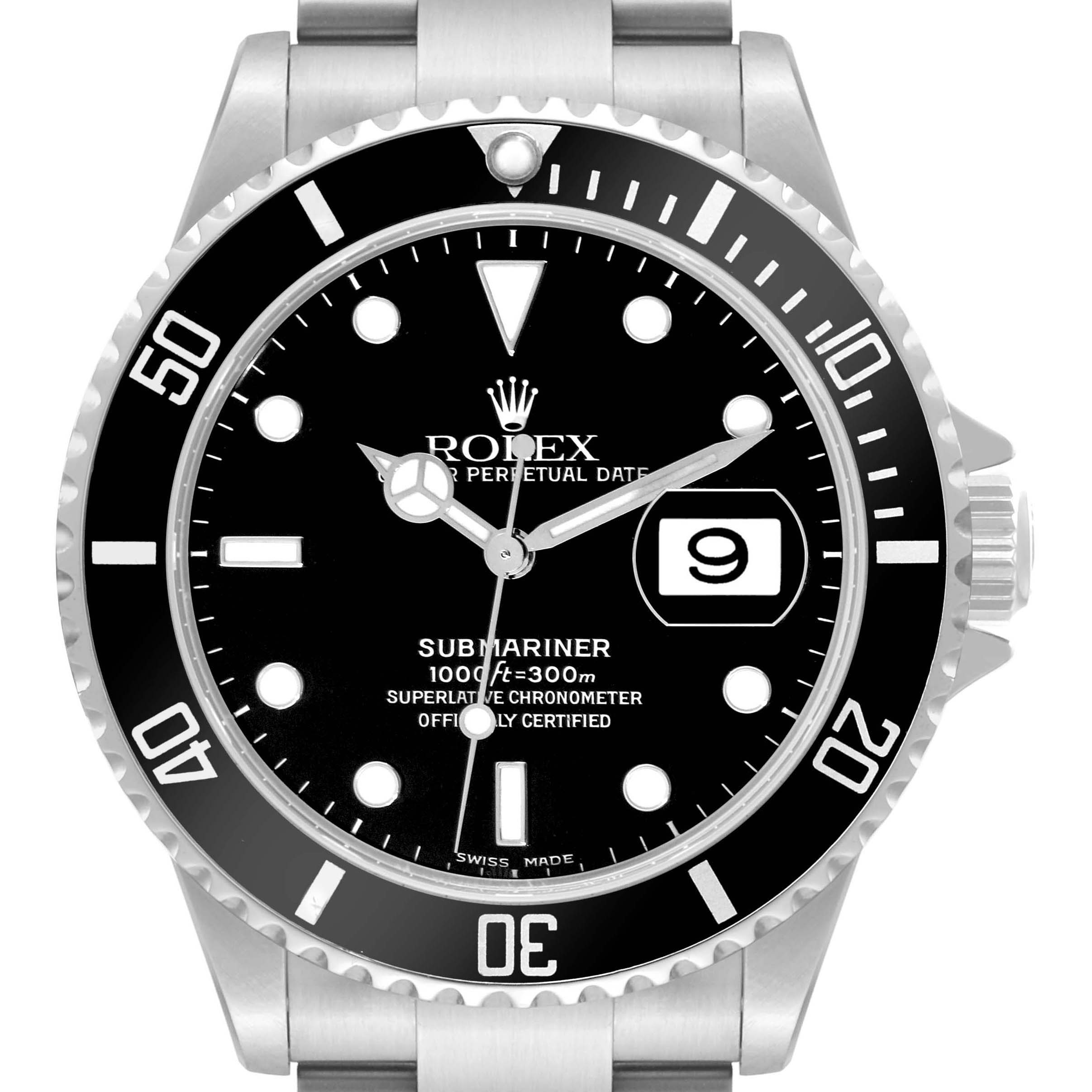This image shows a front view of a Rolex Submariner 16610 Men
s Stainless Steel Black Dial 16610 Men
s Stainless Steel Black Dial watch, highlighting the dial, bezel, and part of the bracelet.