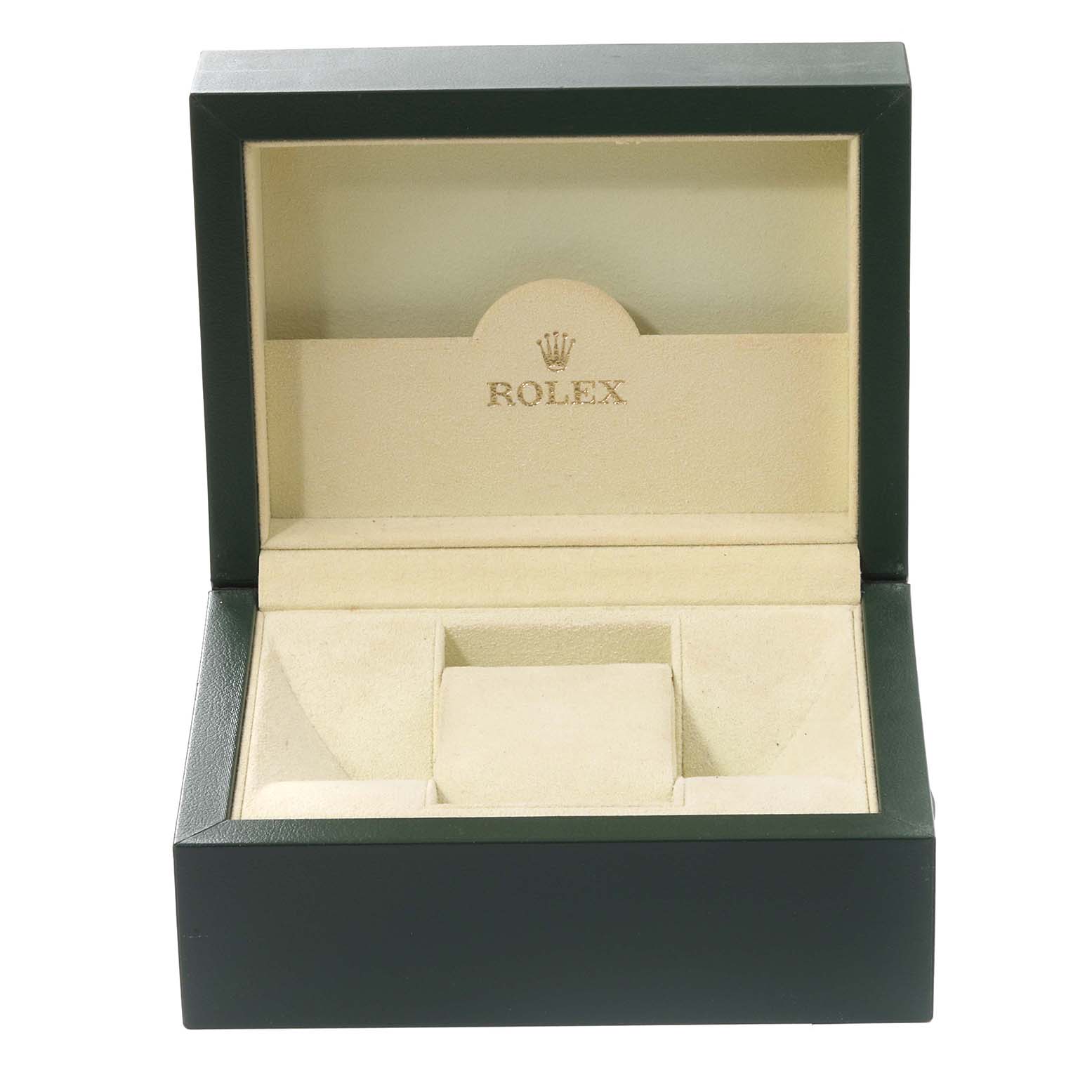 This image shows an open Rolex watch box for the Submariner model, including cushion and inner compartments, from a front angle.