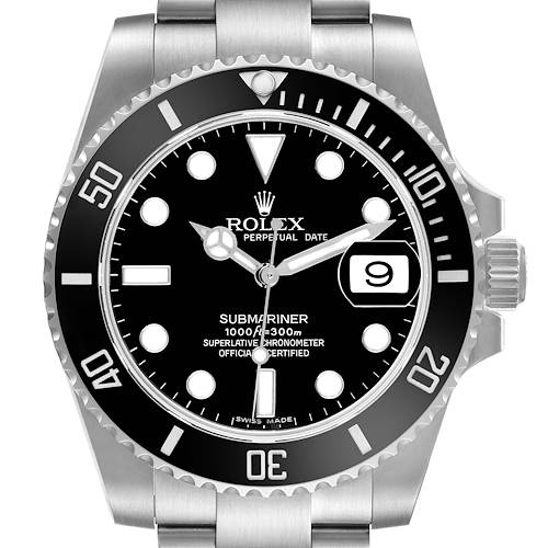 The Rolex Submariner 116610 Men's Stainless Steel Black Dial watch is shown from a top-down angle, displaying the dial, bezel, and part of the bracelet.
