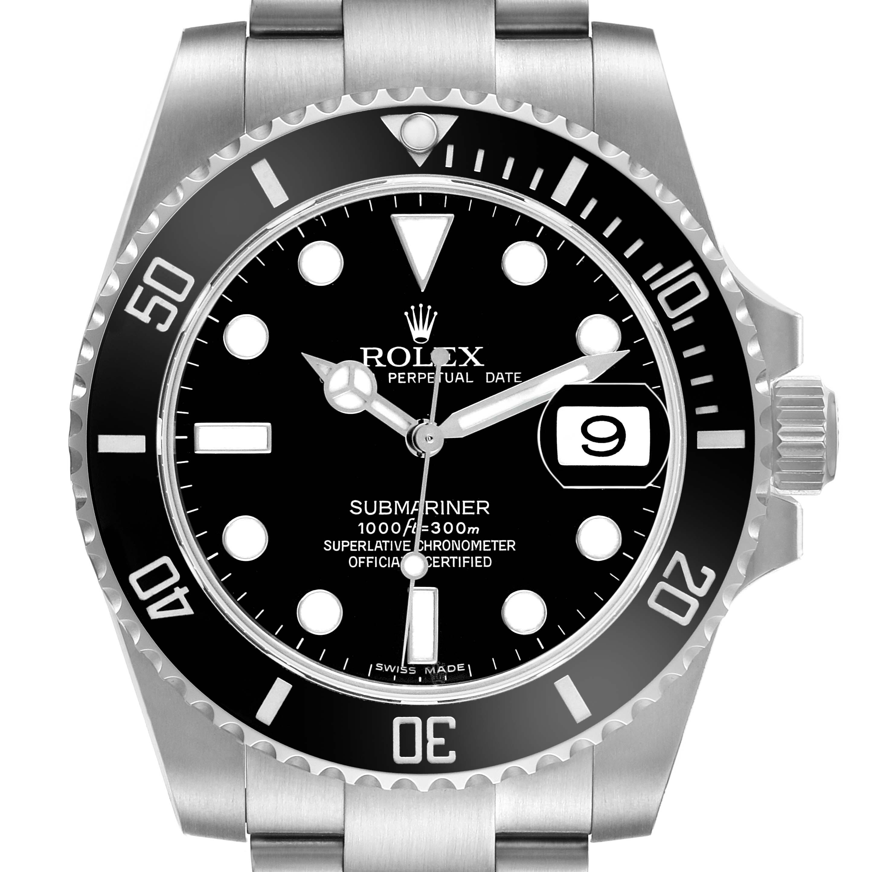 The Rolex Submariner 116610 Men's Stainless Steel Black Dial watch is shown from the front, displaying the dial, bezel, and part of the bracelet.