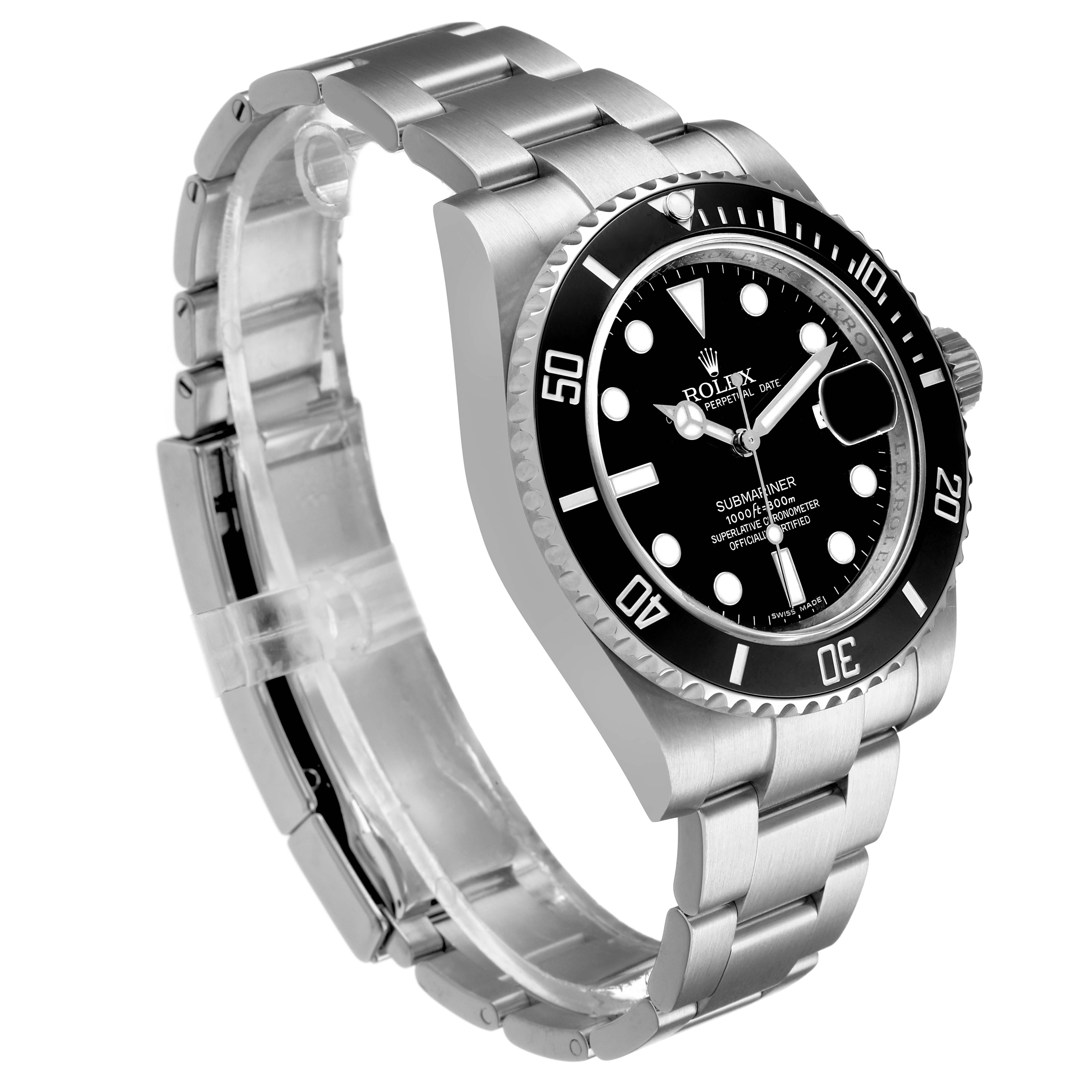 The Rolex Submariner 116610 Men's Stainless Steel Black Dial watch is shown at a three-quarter angle, highlighting the face, bezel, crown, and bracelet.