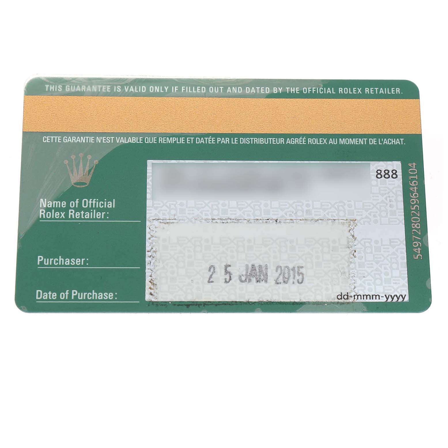 The image shows a warranty card for a Rolex Submariner 116610 Men's Stainless Steel Black Dial, displaying details like retailer and purchase date.