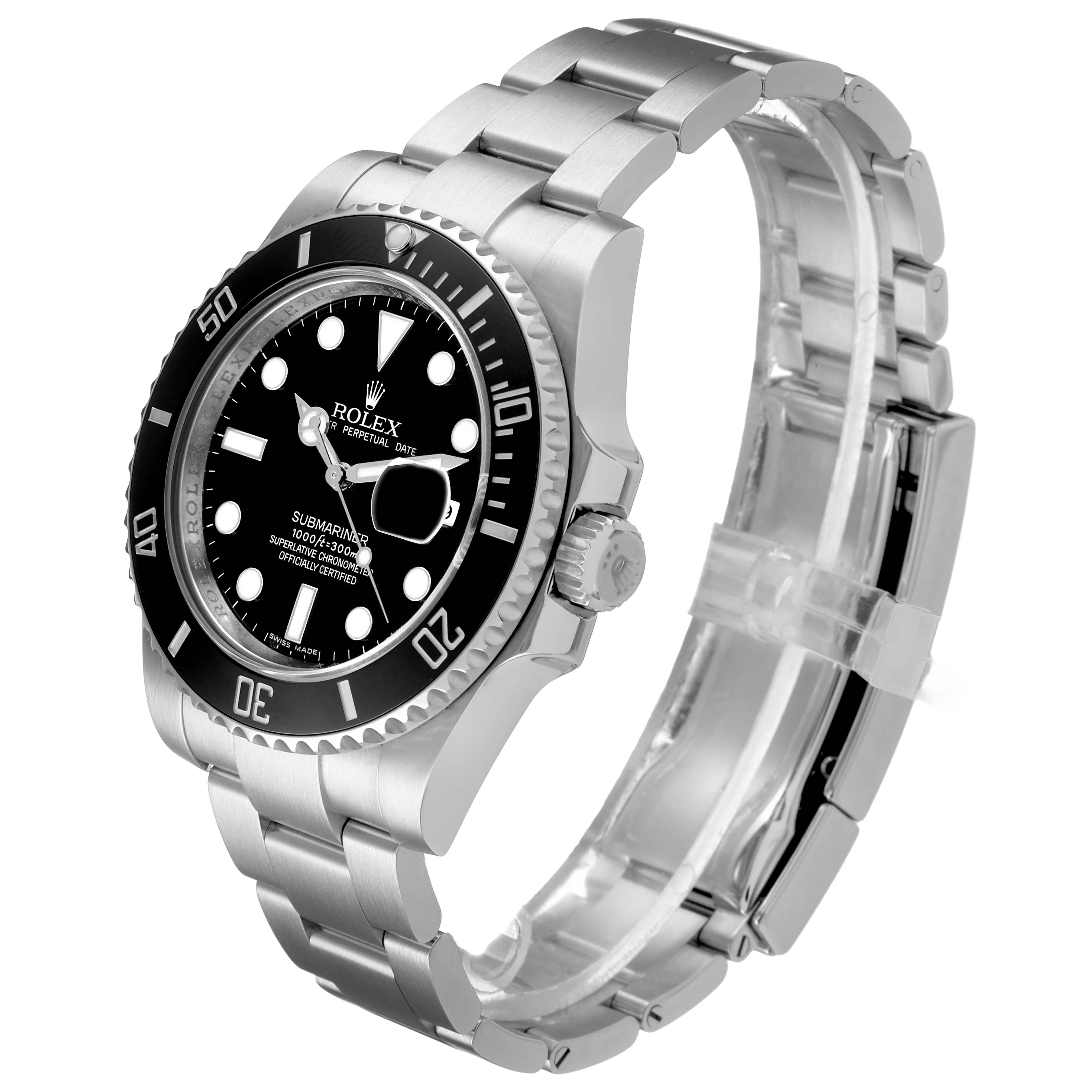 The Rolex Submariner 116610 Men's Stainless Steel Black Dial watch is shown at a slight angle, displaying the face, bezel, crown, and bracelet.