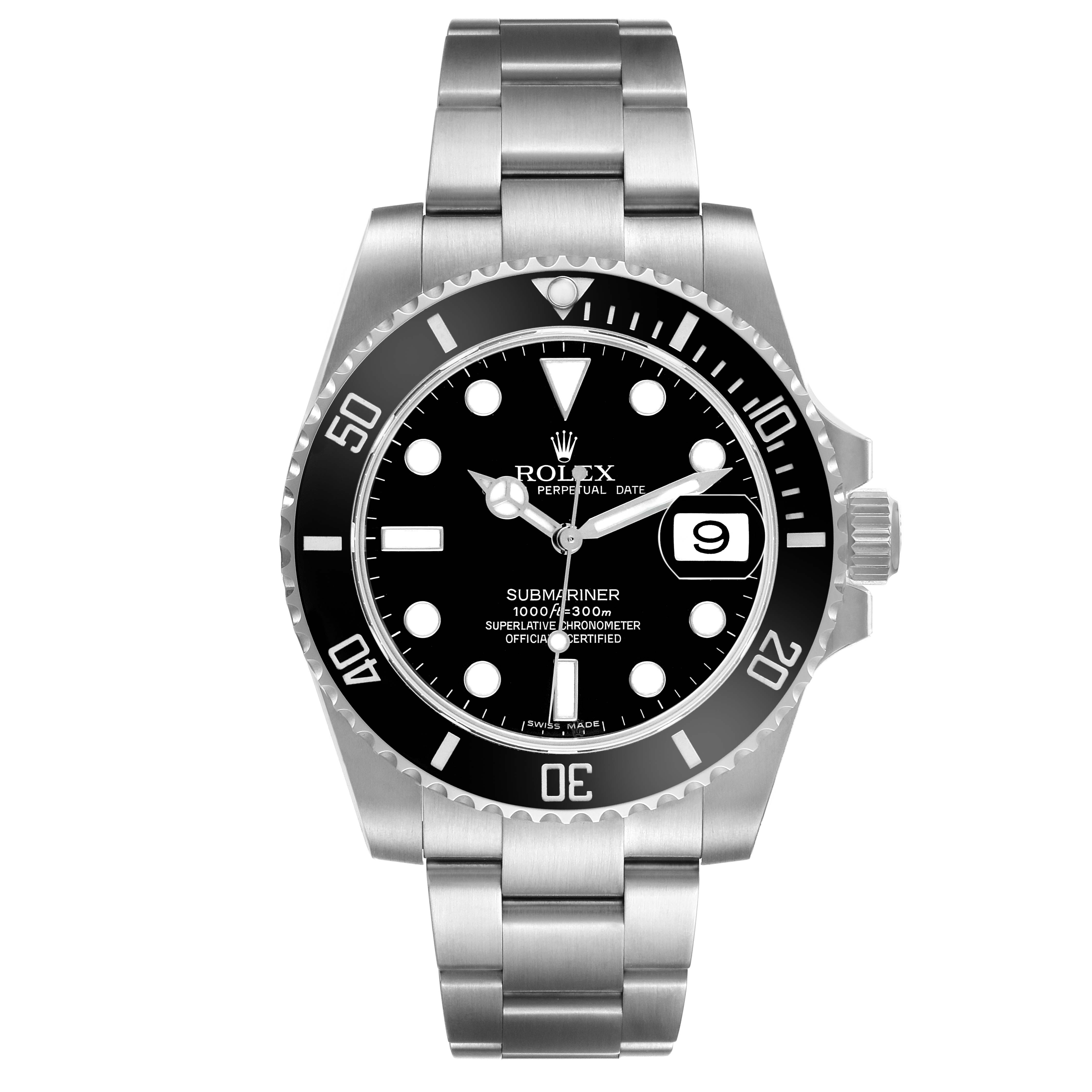 The Rolex Submariner 116610 Men's Stainless Steel Black Dial watch is shown face-on, highlighting its bezel, dial, hands, and bracelet.