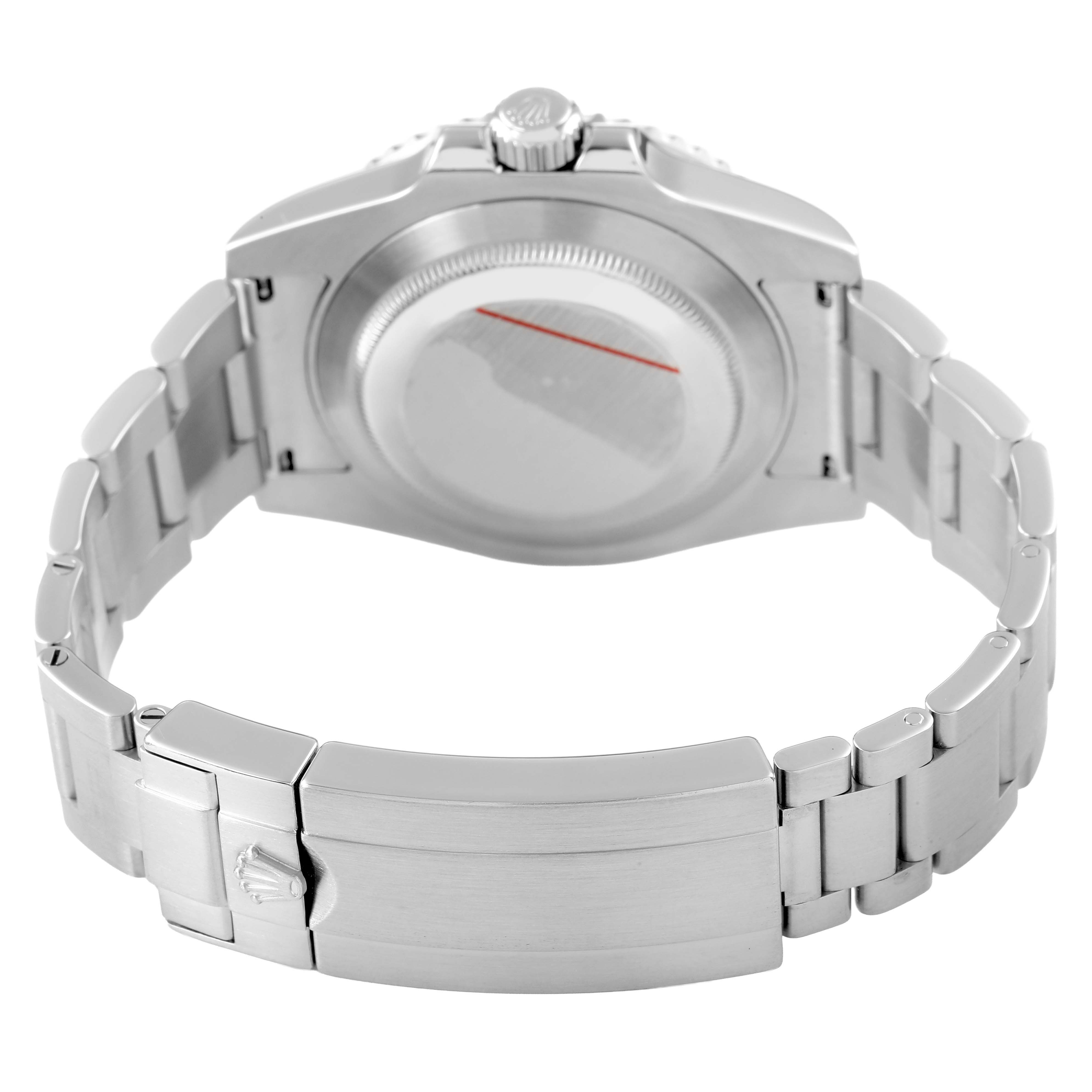 The image shows a rear view of the Rolex Submariner 116610 Men's Stainless Steel Black Dial, highlighting the case back and metal bracelet with the clasp.