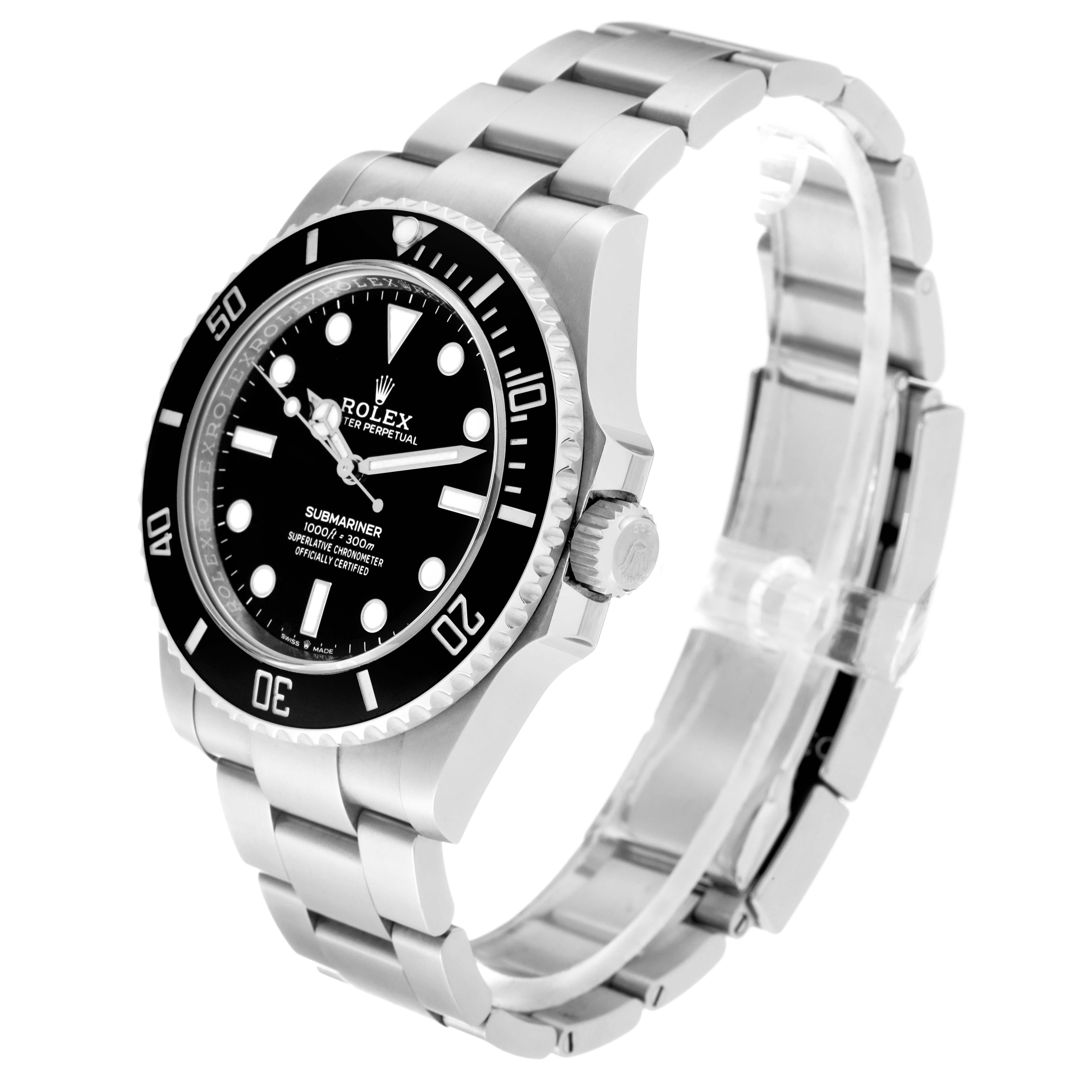 The image shows a Rolex Submariner 124060 Men's Stainless Steel Black Dial 124060 Men's Stainless Steel Black Dial watch at a three-quarter angle, highlighting the dial, bezel, crown, and bracelet.
