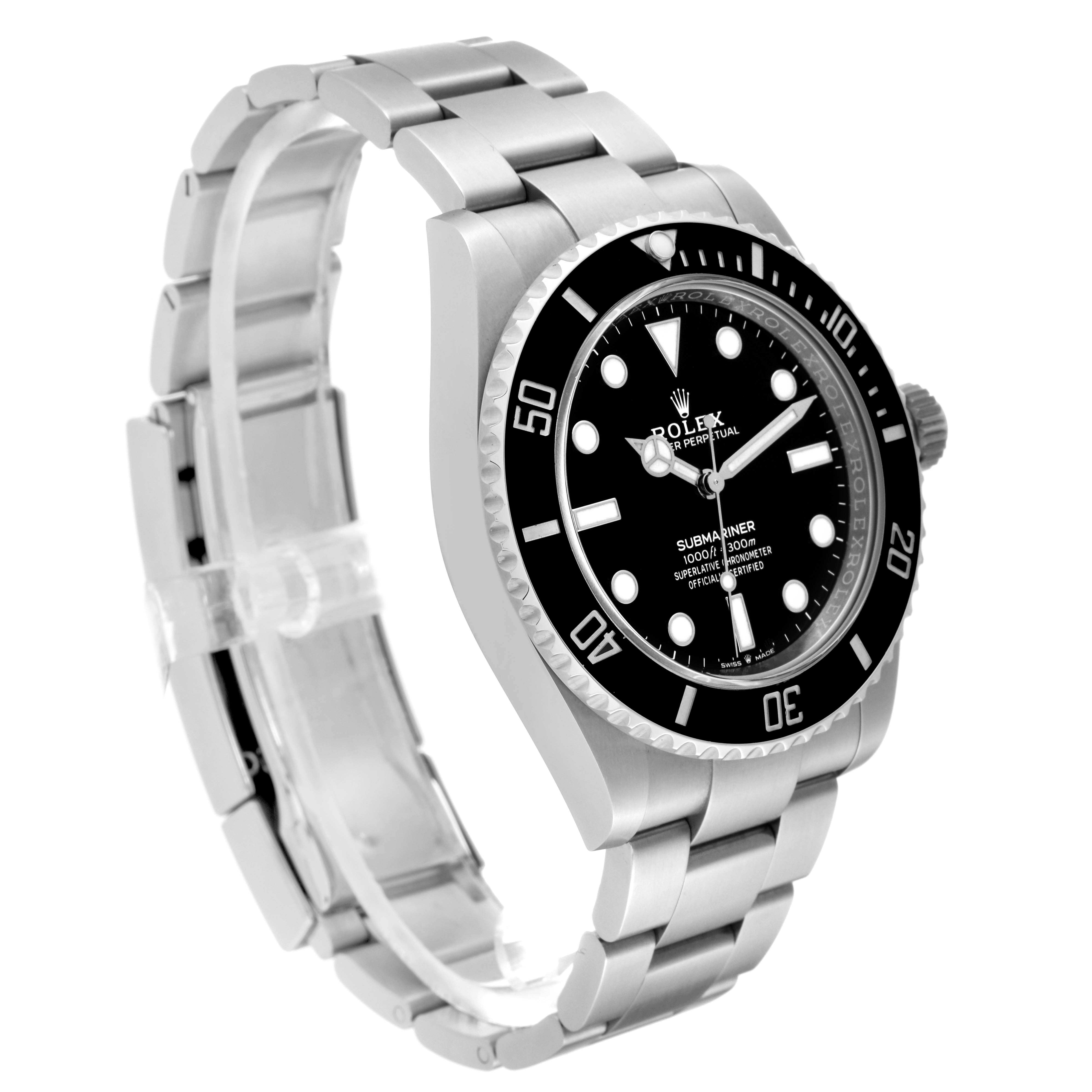 This image shows a side angle view of a Rolex Submariner 124060 Men's Stainless Steel Black Dial 124060 Men's Stainless Steel Black Dial watch, displaying the dial, bezel, bracelet, and crown.