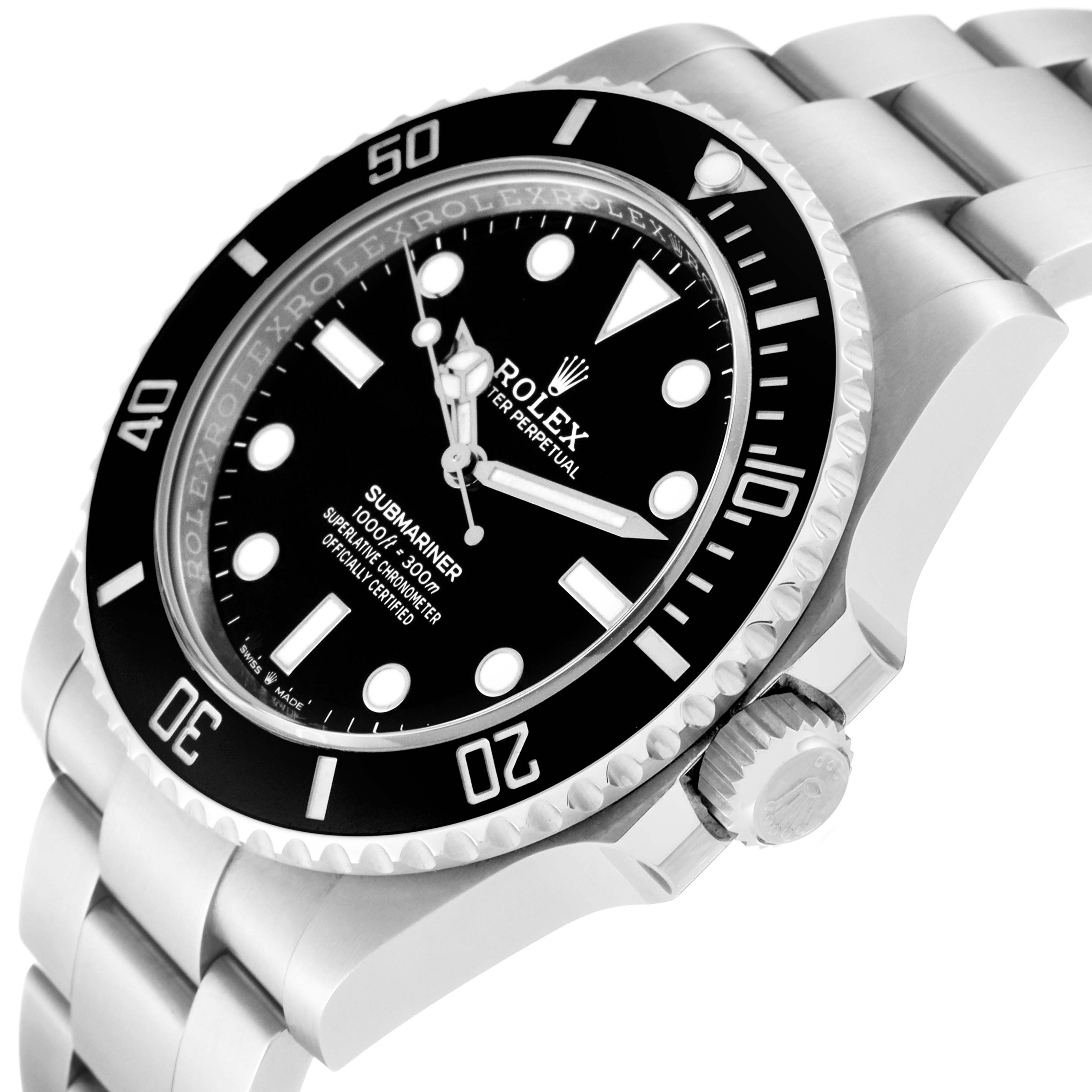 The image shows a close-up angled view of a Rolex Submariner 124060 Men's Stainless Steel Black Dial 124060 Men's Stainless Steel Black Dial watch, featuring its dial, bezel, and part of the bracelet.
