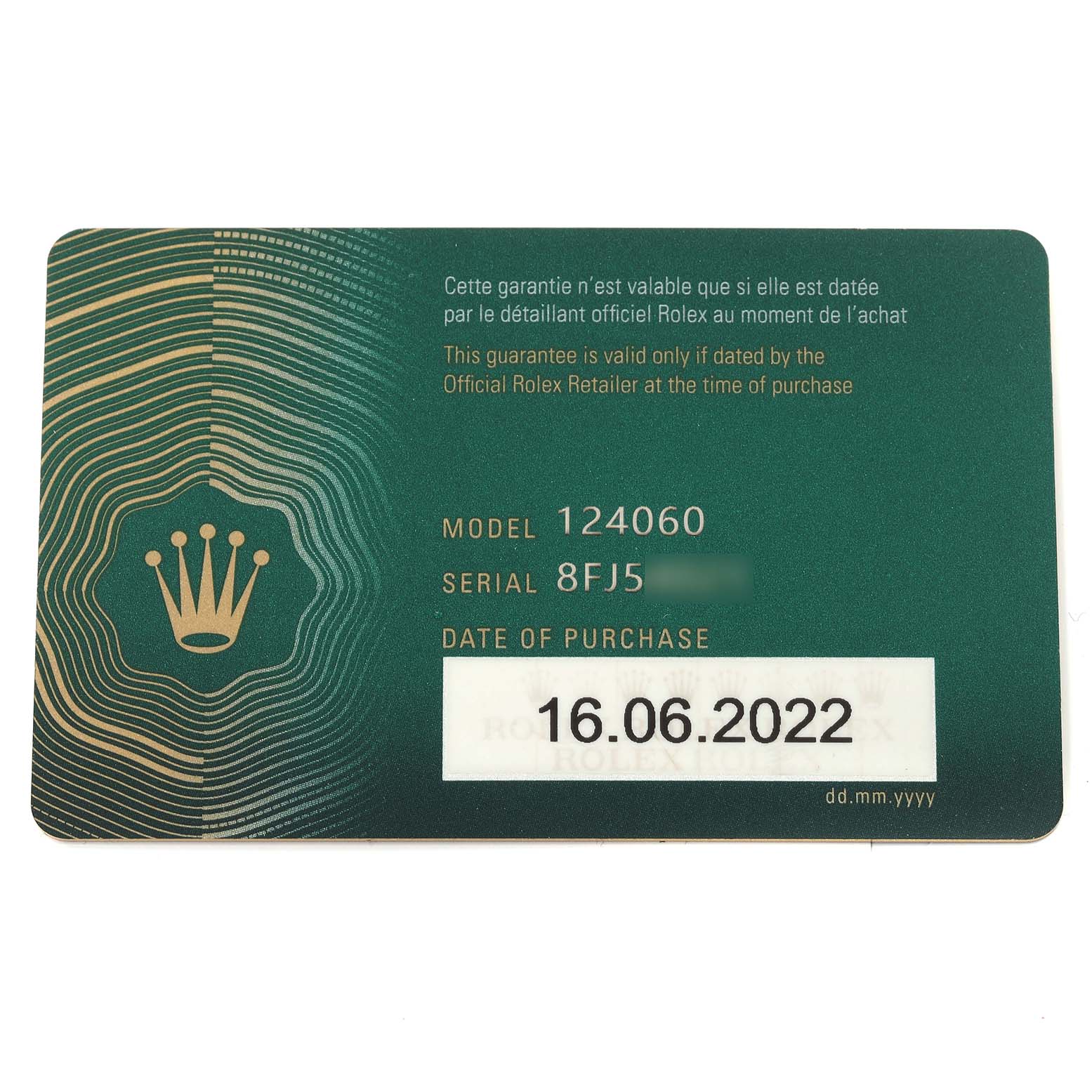 This image shows a guarantee card for a Rolex Submariner 124060 Men's Stainless Steel Black Dial 124060 Men's Stainless Steel Black Dial model 124060 with a purchase date of 16.06.2022.