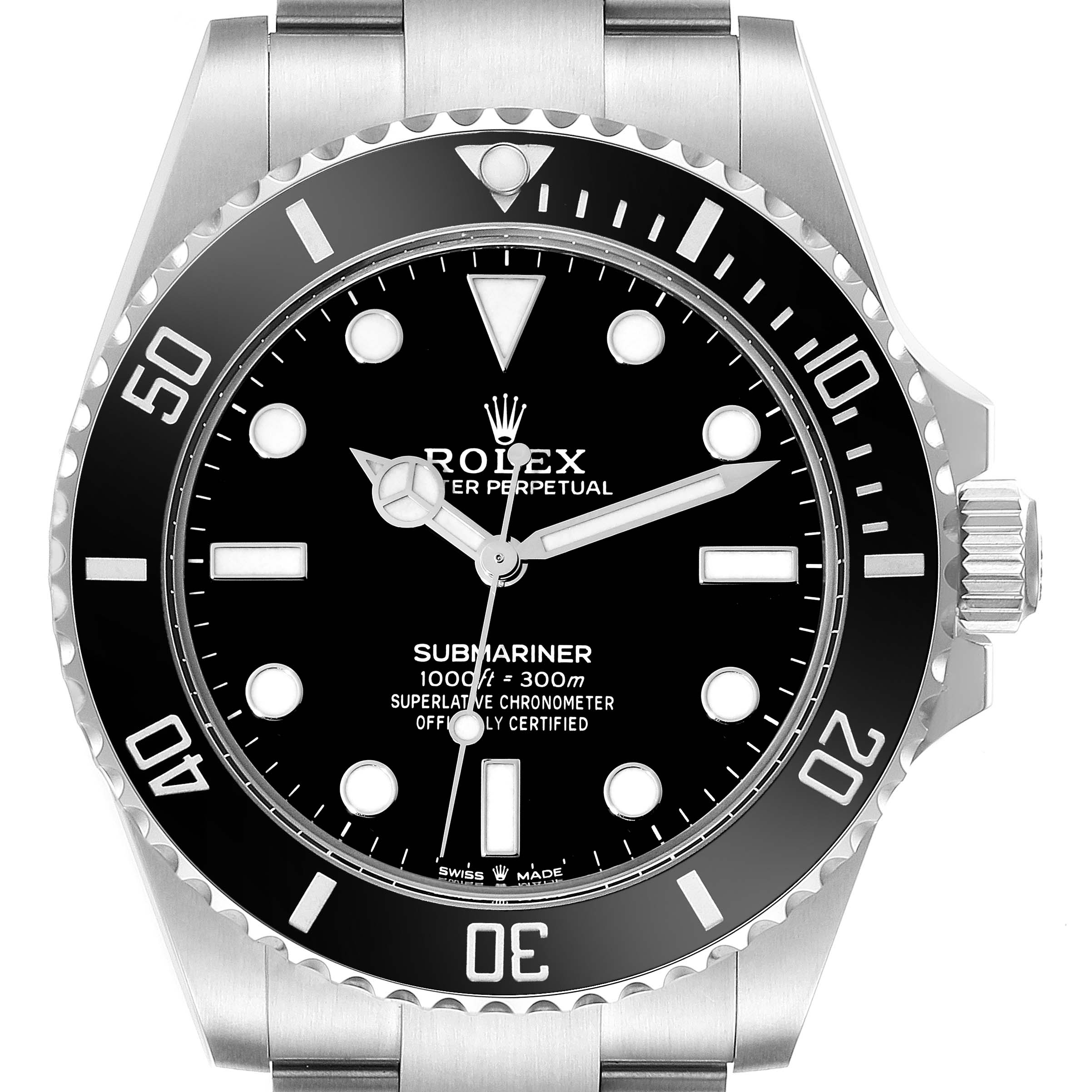 This image shows a front view of a Rolex Submariner 124060 Men's Stainless Steel Black Dial 124060 Men's Stainless Steel Black Dial watch, featuring its bezel, dial, hands, and bracelet.