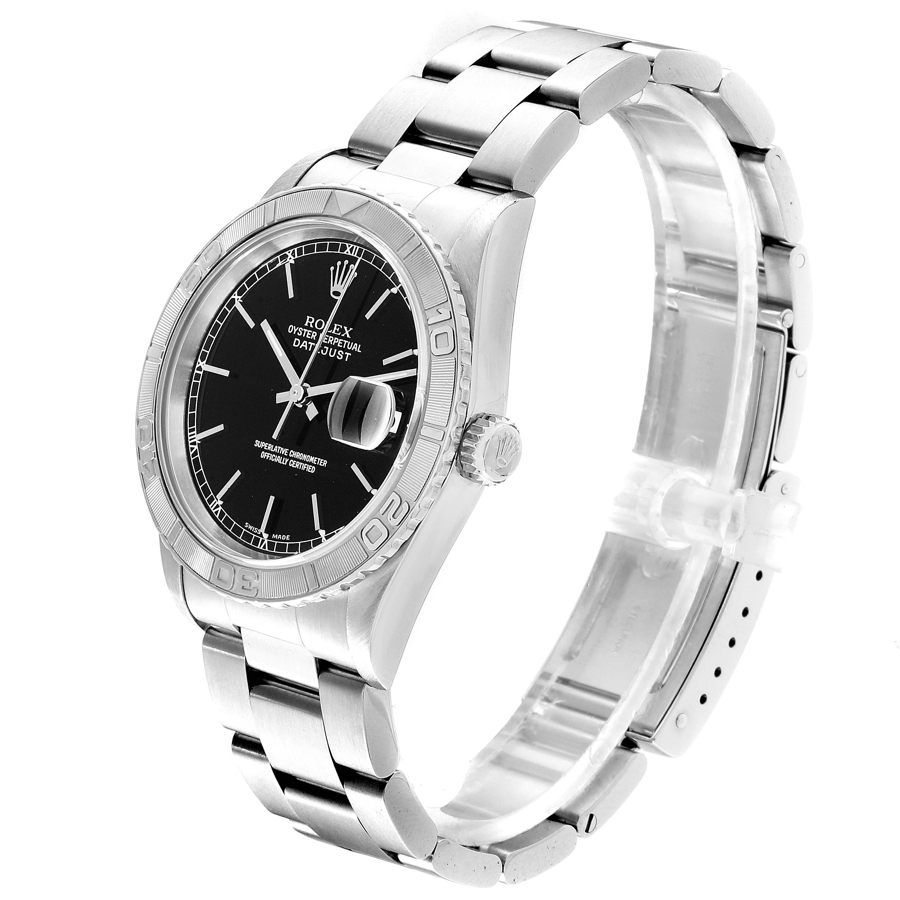 The image shows a Rolex Turn-o-Graph 16264 Men
s Stainless Steel Black Dial 16264 Men
s Stainless Steel Black Dial watch angled to display the face, bezel, crown, and bracelet.