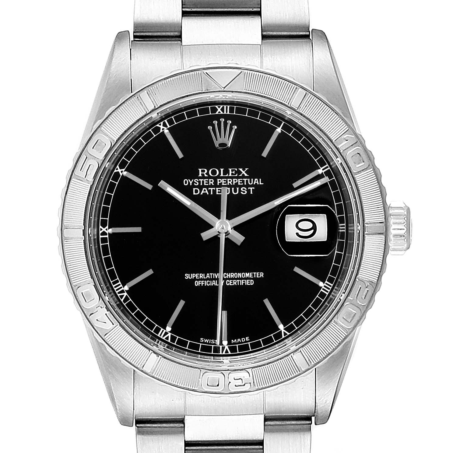 The image shows a front view of a Rolex Turn-o-Graph 16264 Men
s Stainless Steel Black Dial 16264 Men
s Stainless Steel Black Dial watch, highlighting its black dial, date display, bezel, and bracelet.
