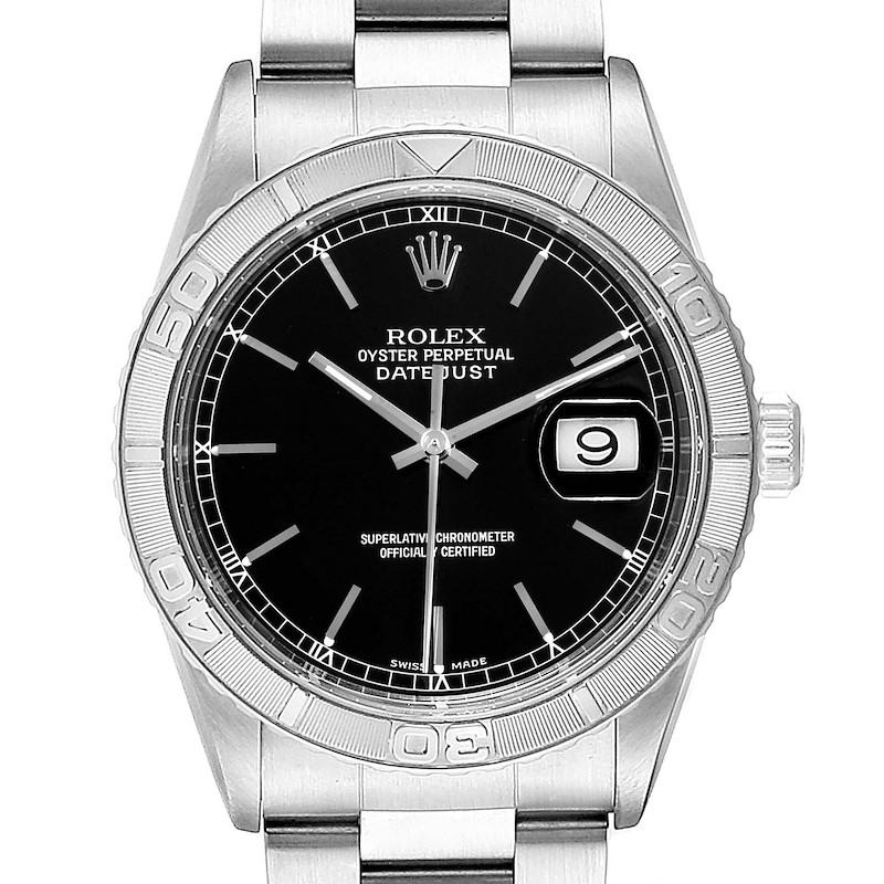 Rolex Turnograph Datejust Steel White Gold Black Dial Mens Watch 16264 SwissWatchExpo