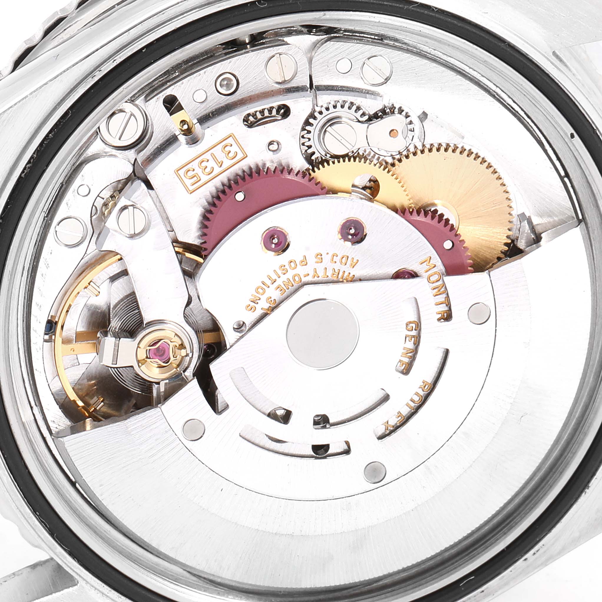 This image shows the inner mechanical components and movement of a Rolex Turn-o-Graph 16264 Men
s Stainless Steel Black Dial 16264 Men
s Stainless Steel Black Dial watch from a close-up back angle.