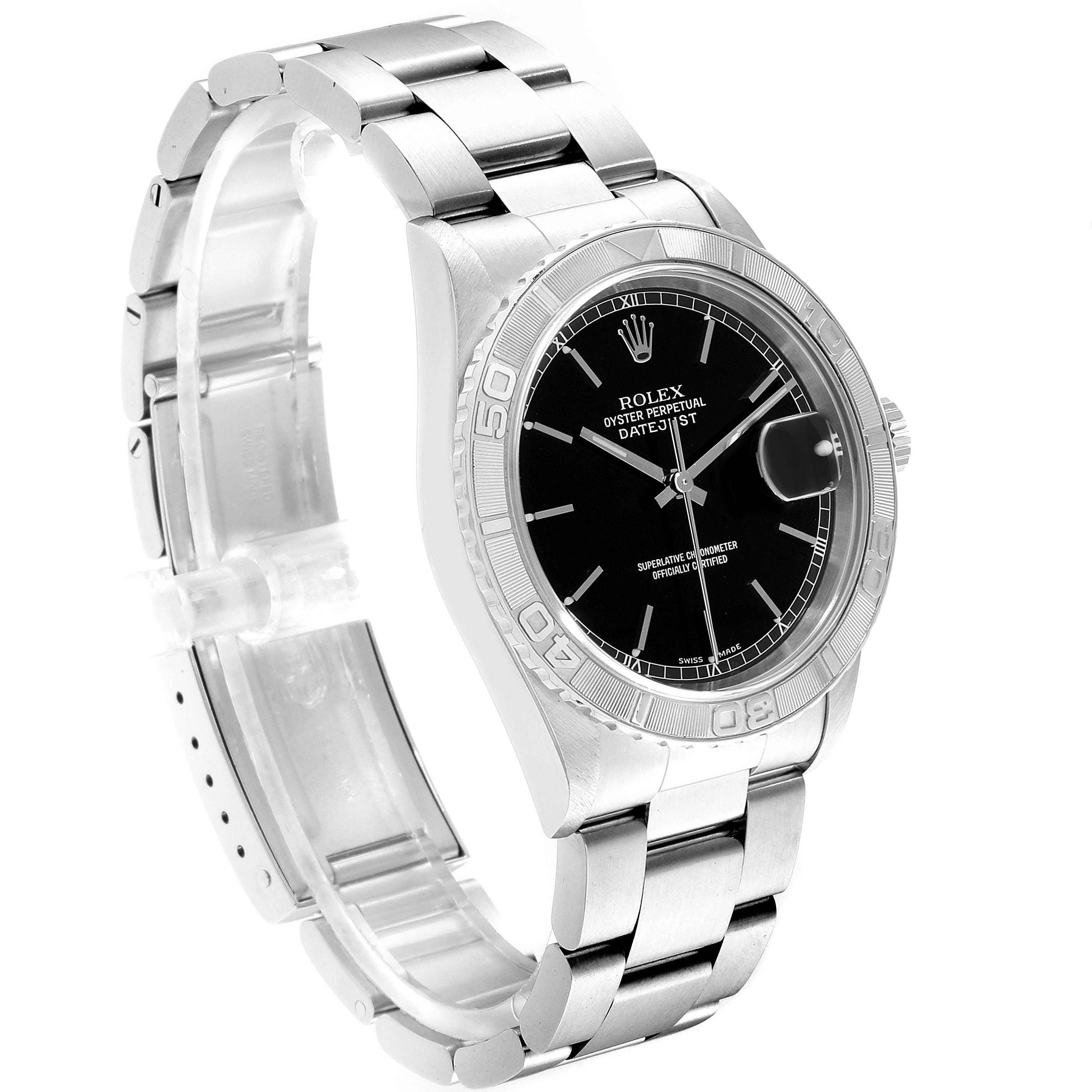 The Rolex Turn-o-Graph 16264 Men
s Stainless Steel Black Dial 16264 Men
s Stainless Steel Black Dial watch is shown at an angled side view, displaying its black dial, bezel, crown, and metal bracelet.