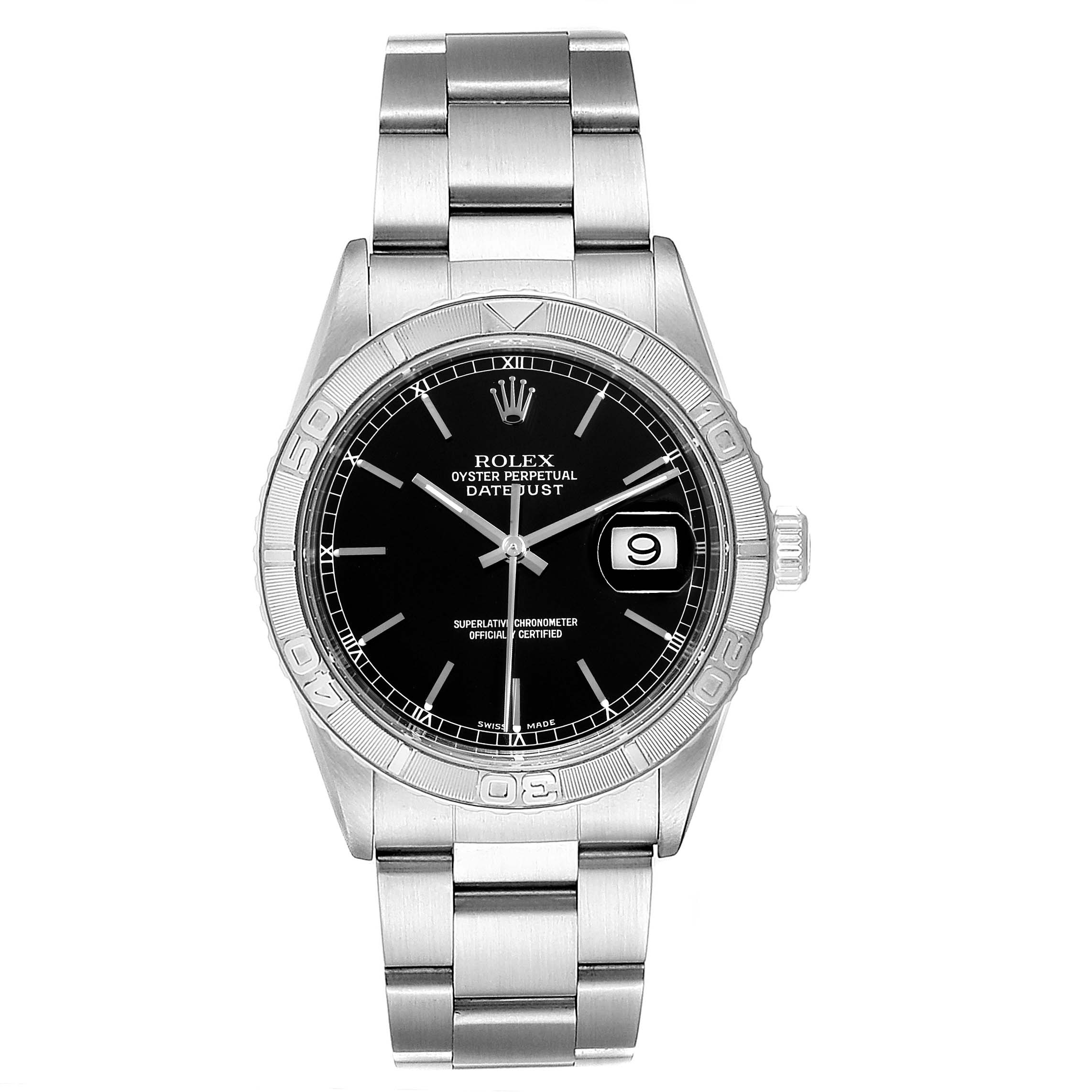 The Rolex Turn-o-Graph 16264 Men
s Stainless Steel Black Dial 16264 Men
s Stainless Steel Black Dial watch is shown from the front, displaying the dial, bezel, bracelet, and date window.