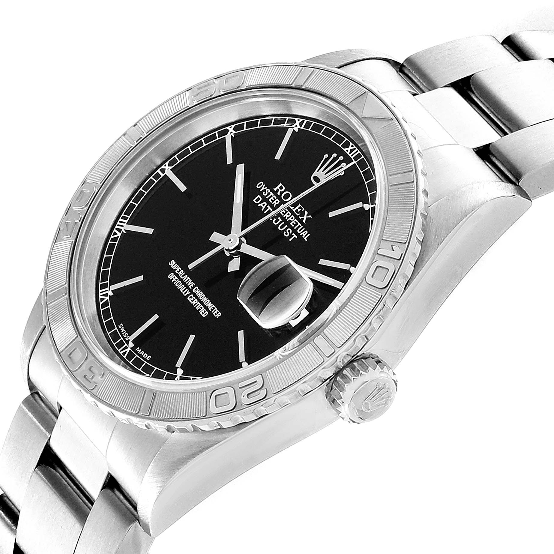 The Rolex Turn-o-Graph 16264 Men
s Stainless Steel Black Dial 16264 Men
s Stainless Steel Black Dial watch is shown at an angled close-up, highlighting the black dial, bezel, and bracelet.