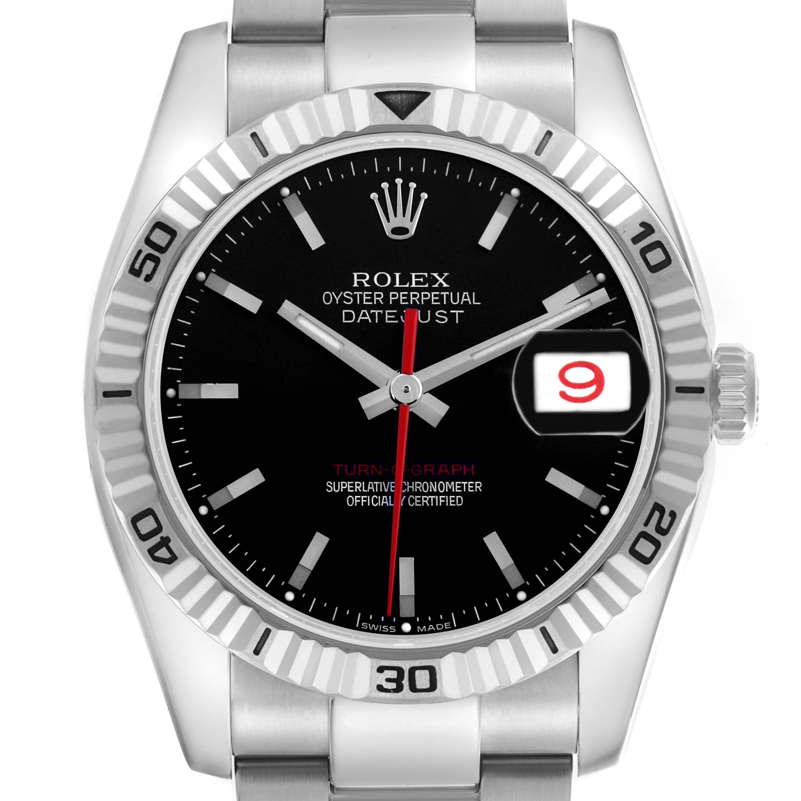 The Rolex Turn-o-Graph 116264 Men's Stainless Steel Black Dial 116264 Men's Stainless Steel Black Dial watch is shown from the front, displaying the dial, bezel, and part of the bracelet.