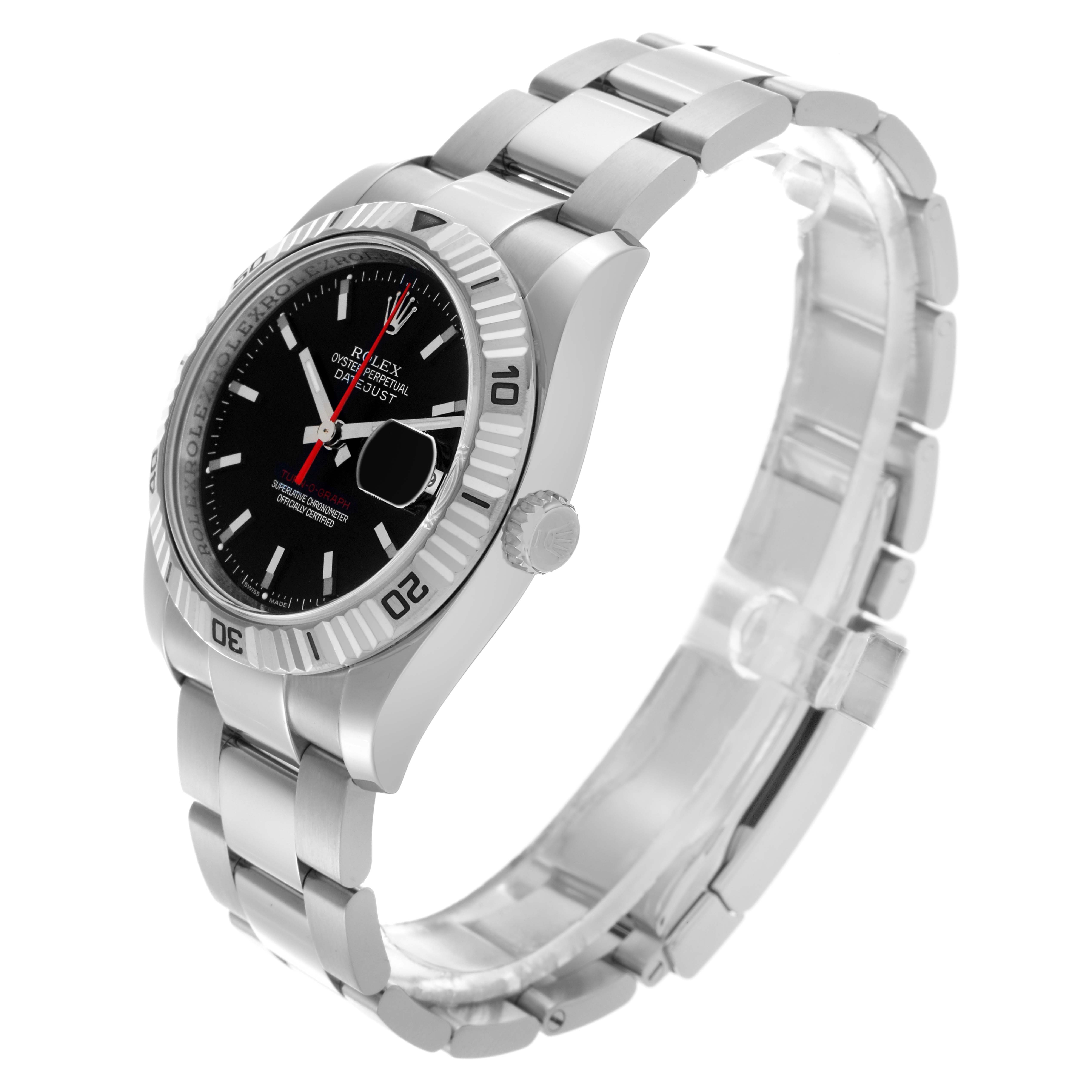 The Rolex Turn-o-Graph 116264 Men's Stainless Steel Black Dial 116264 Men's Stainless Steel Black Dial watch is shown at a three-quarter angle, displaying the bezel, dial, bracelet, and crown.