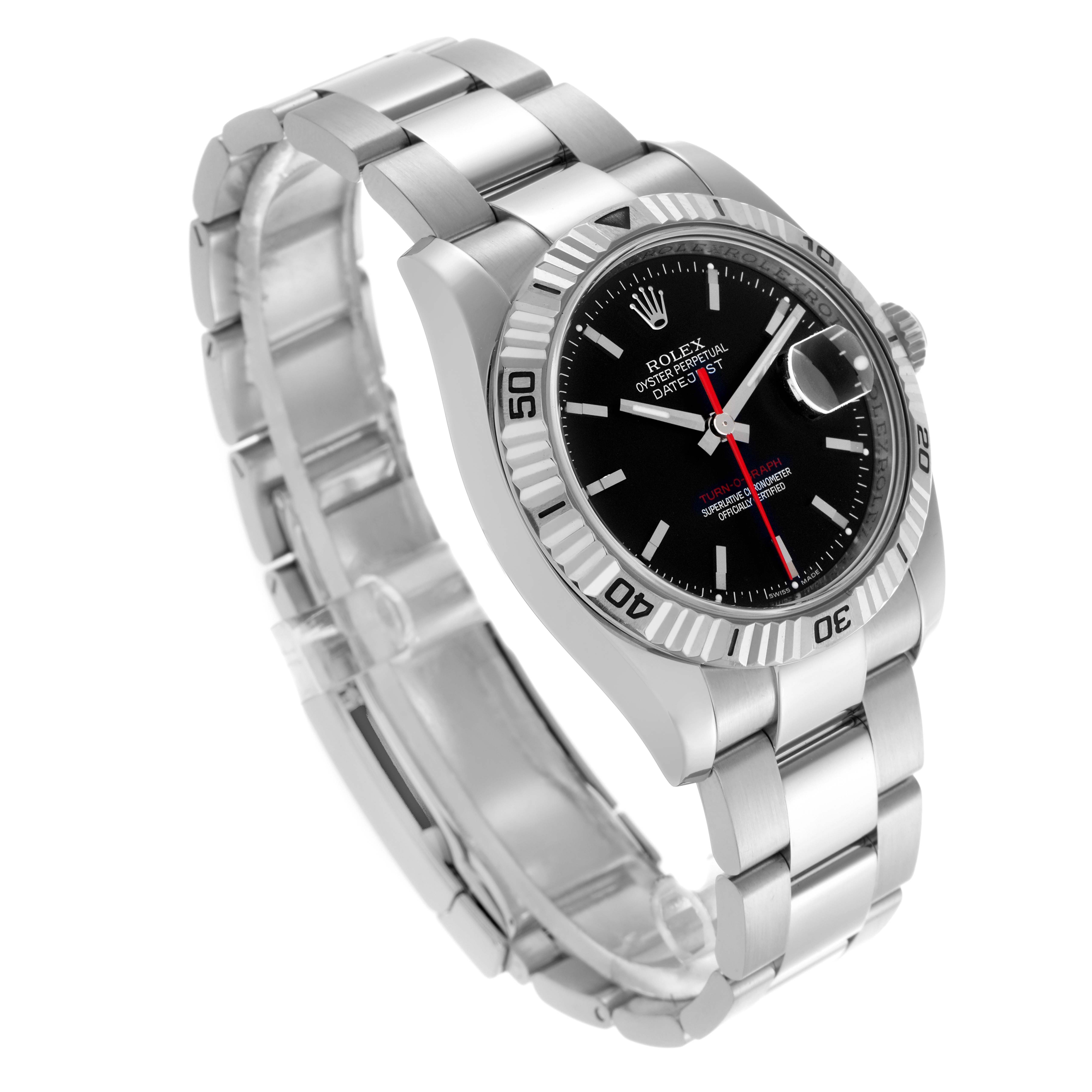 The Rolex Turn-o-Graph 116264 Men's Stainless Steel Black Dial 116264 Men's Stainless Steel Black Dial watch is shown at a three-quarter angle, displaying the bezel, dial, and bracelet.