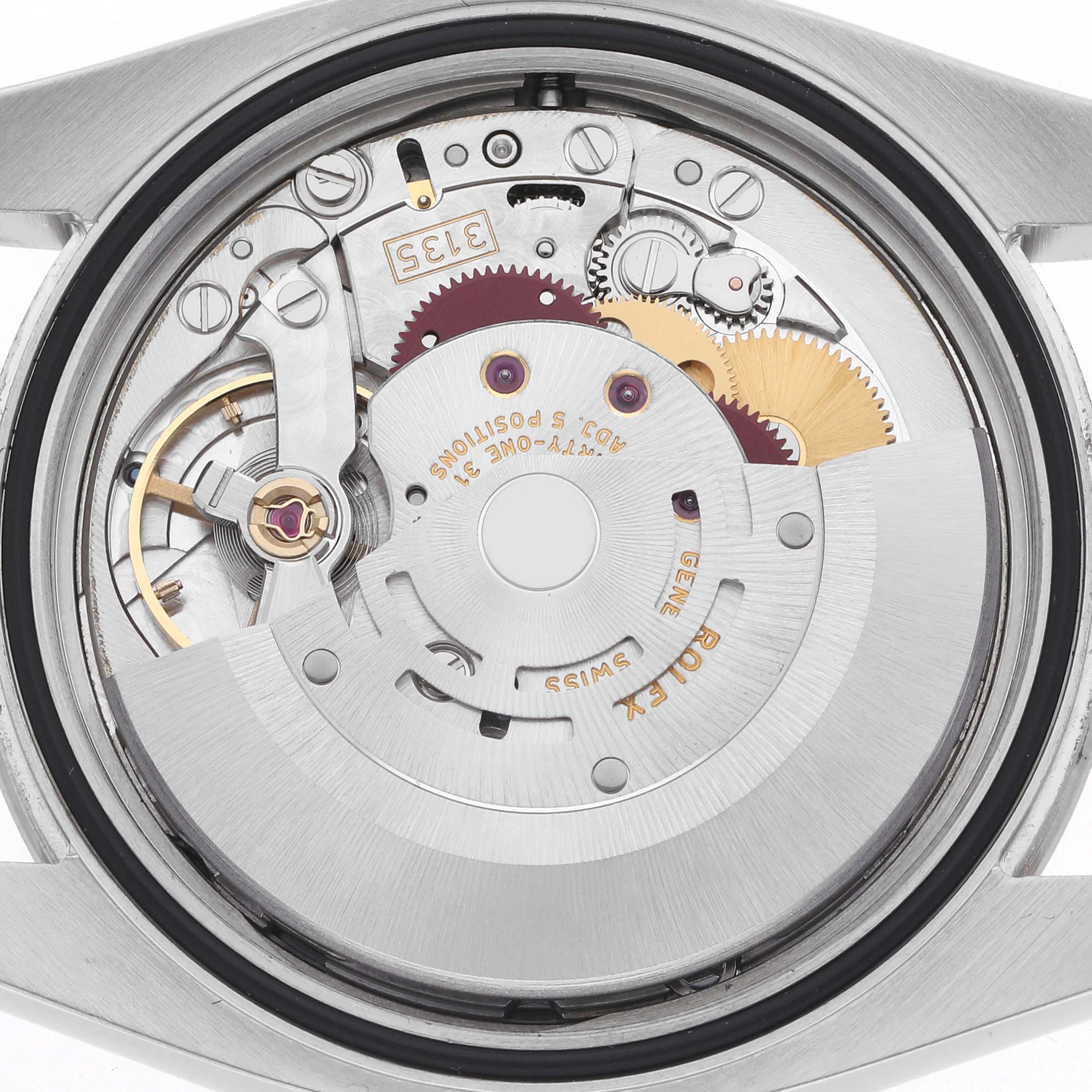 The image shows the movement mechanism from the back of a Rolex Turn-o-Graph 116264 Men's Stainless Steel Black Dial 116264 Men's Stainless Steel Black Dial watch, highlighting gears and components.