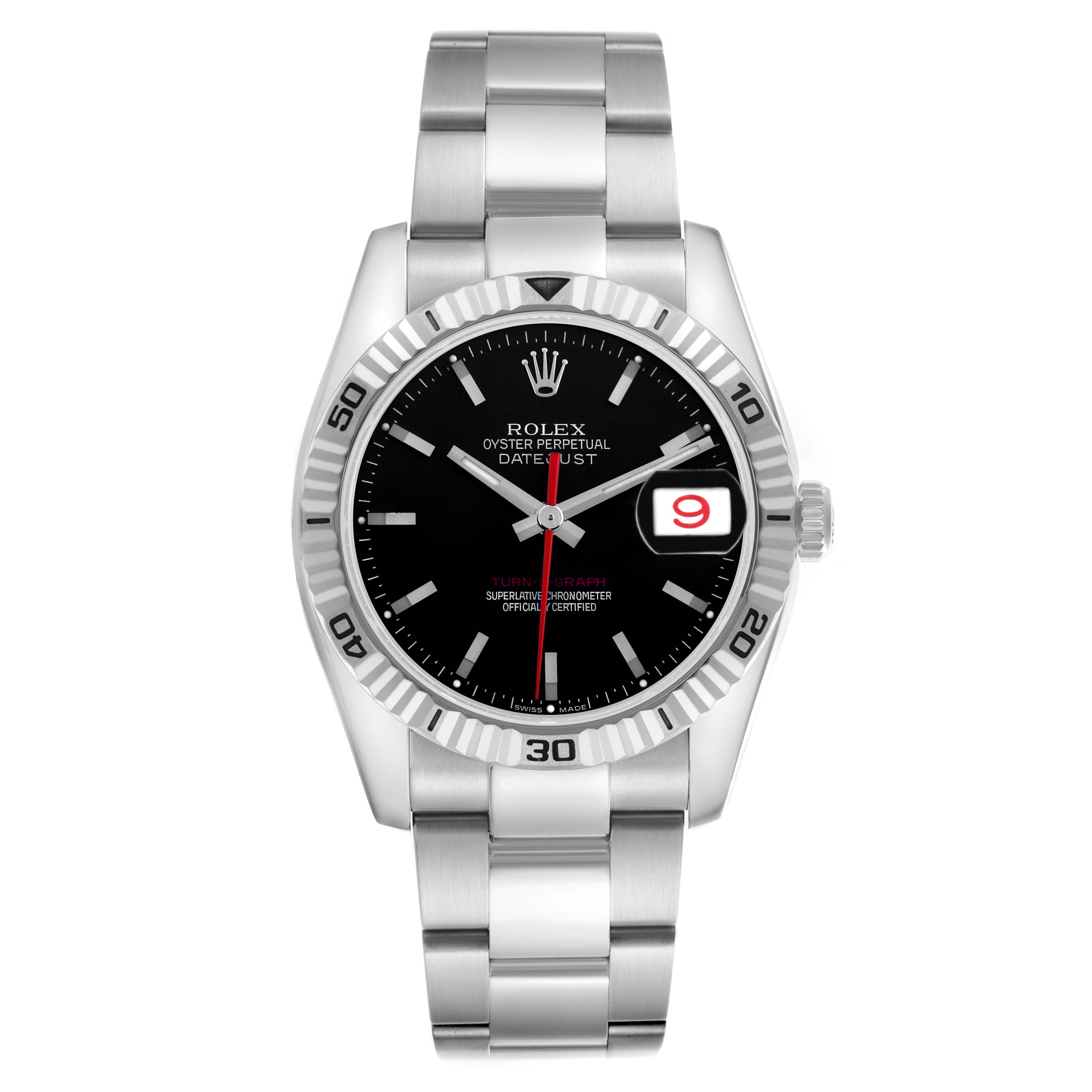 The Rolex Turn-o-Graph 116264 Men's Stainless Steel Black Dial 116264 Men's Stainless Steel Black Dial watch is shown from the front, displaying the dial, bezel, bracelet, and crown.