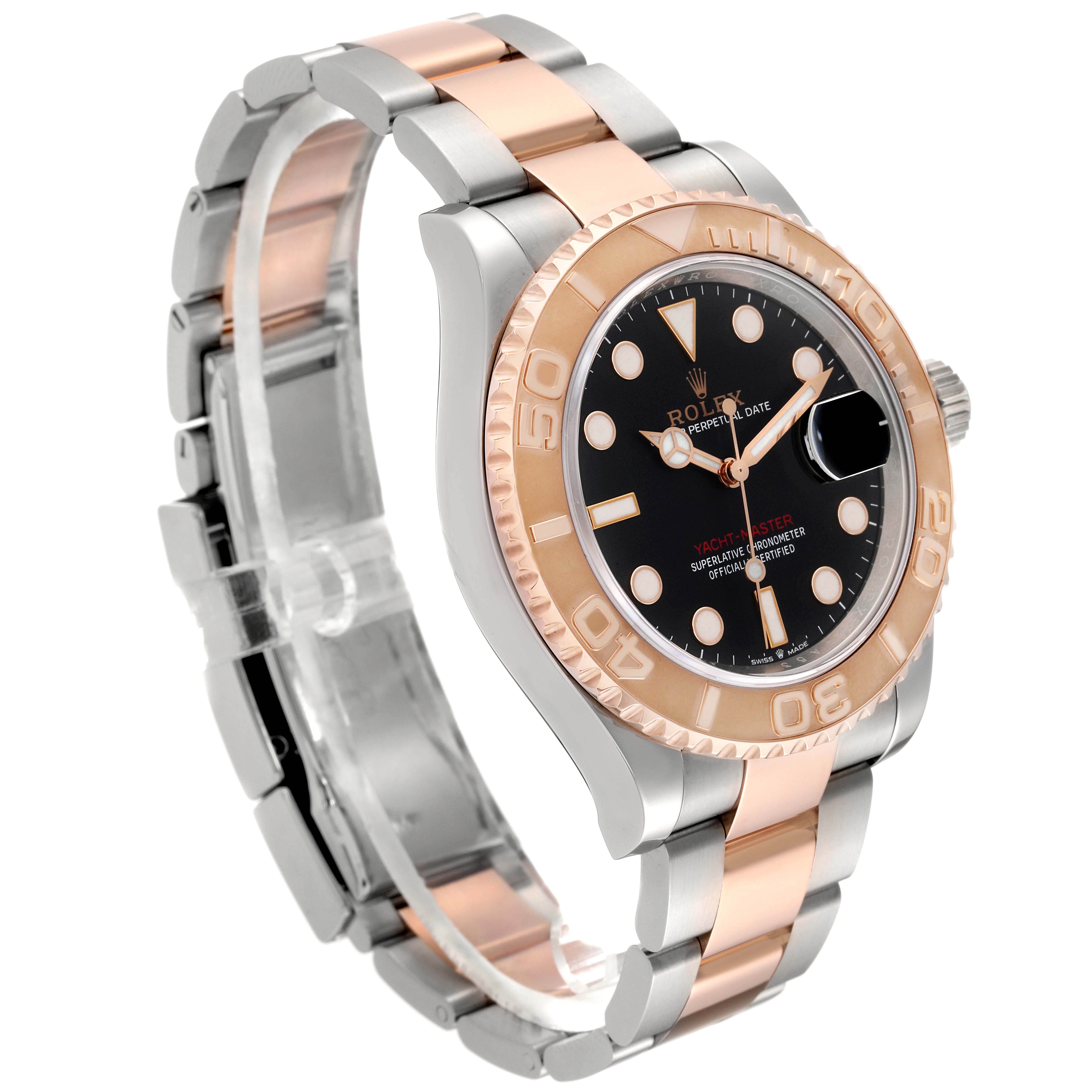 This image shows a Rolex Yacht-Master 126621 Men's Steel and Gold (two tone) Black Dial 126621 Men's Steel and Gold (two tone) Black Dial watch at an angled view, displaying the dial, bezel, bracelet, and clasp.