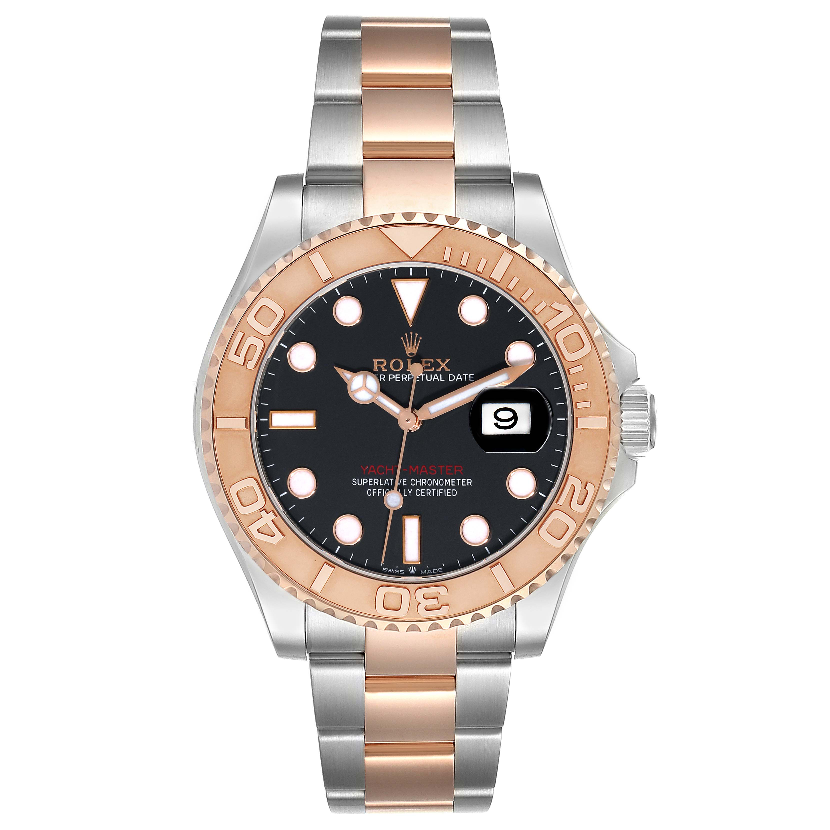 The Rolex Yacht-Master 126621 Men's Steel and Gold (two tone) Black Dial 126621 Men's Steel and Gold (two tone) Black Dial model is shown from the front, displaying the dial, bezel, case, and bracelet.