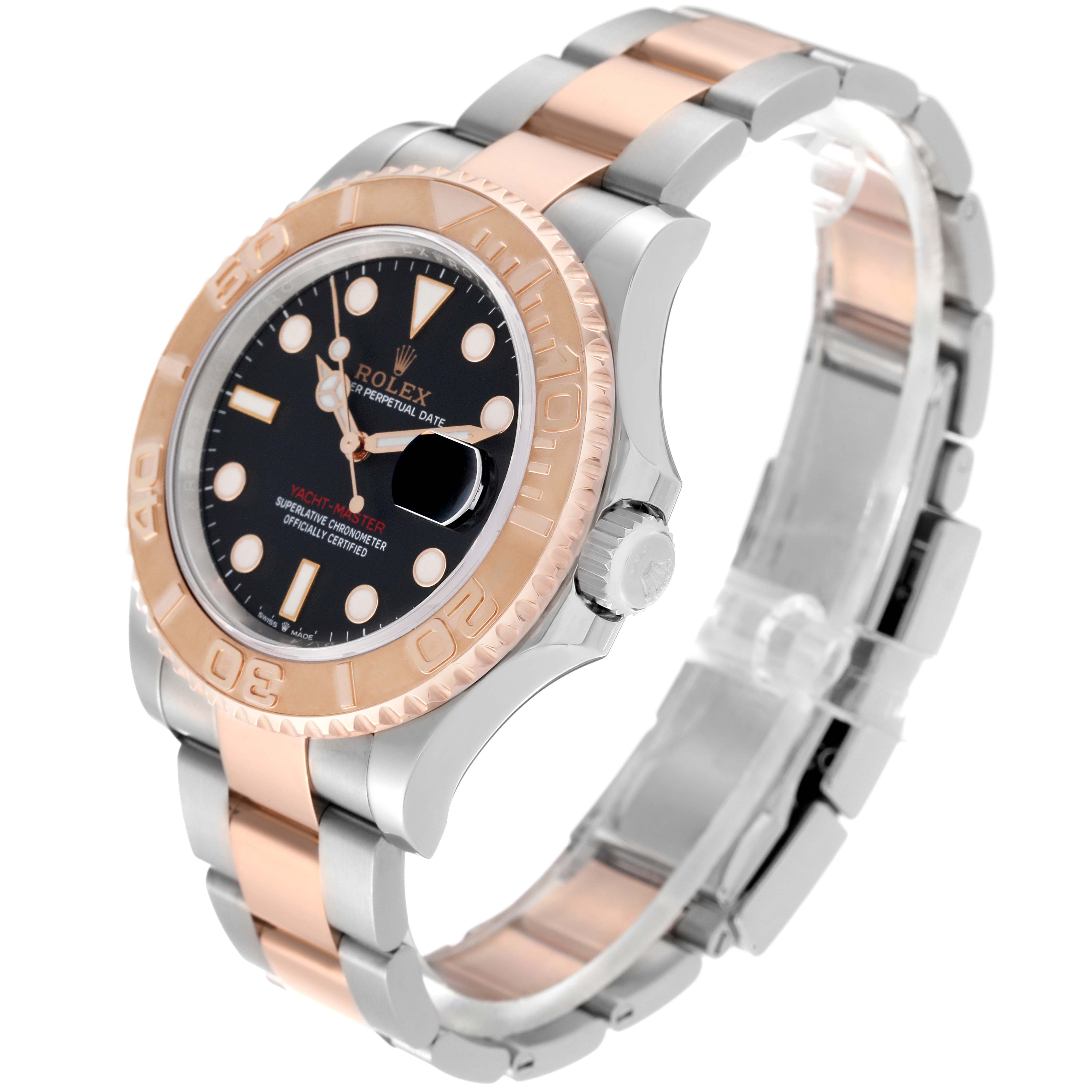The Rolex Yacht-Master 126621 Men's Steel and Gold (two tone) Black Dial 126621 Men's Steel and Gold (two tone) Black Dial watch is shown at an oblique angle highlighting the face, bezel, crown, and two-tone bracelet.
