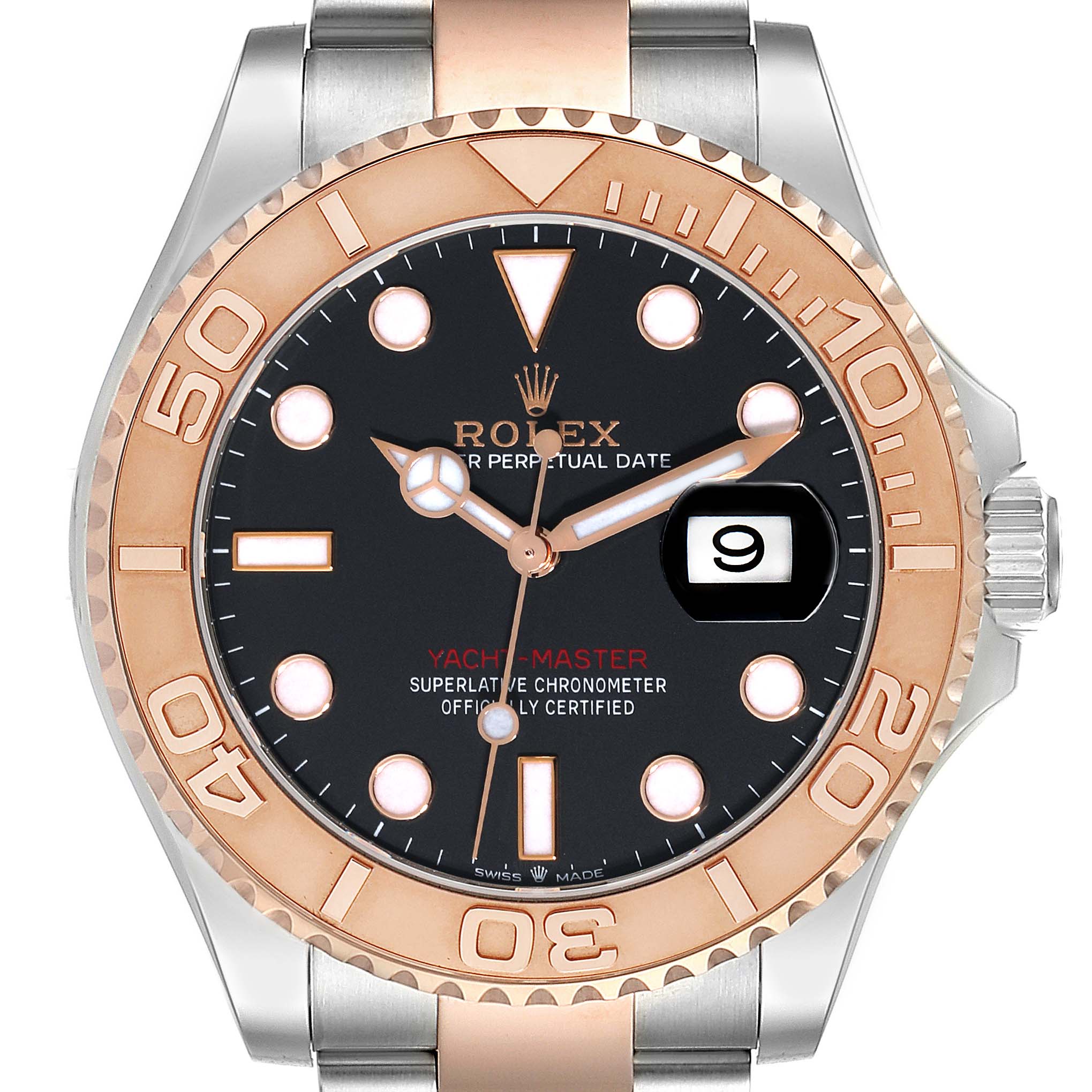 The image shows a front view of a Rolex Yacht-Master 126621 Men's Steel and Gold (two tone) Black Dial 126621 Men's Steel and Gold (two tone) Black Dial watch, highlighting its dial, hands, date window, and bezel.