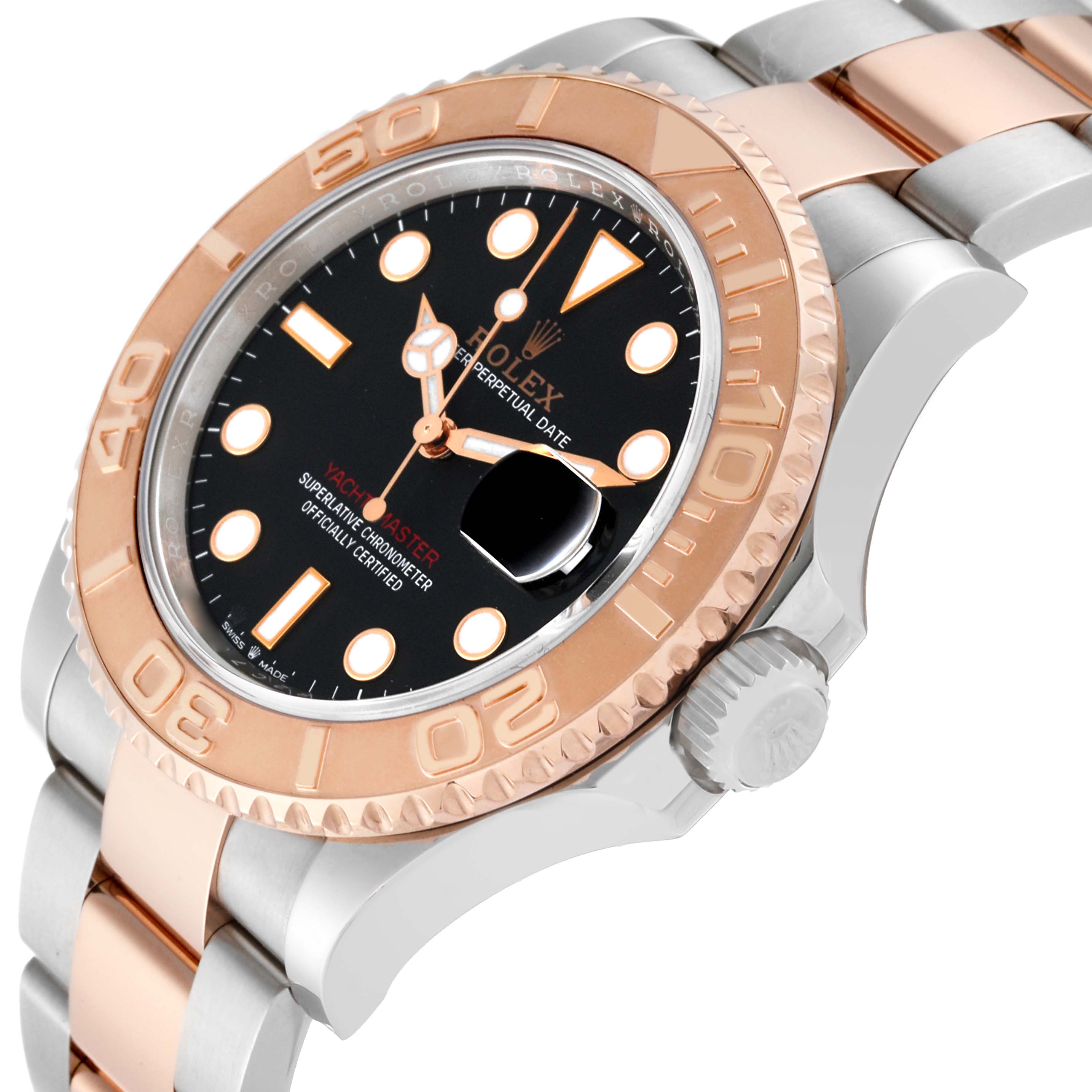 This image shows a close-up angle of the Rolex Yacht-Master 126621 Men's Steel and Gold (two tone) Black Dial 126621 Men's Steel and Gold (two tone) Black Dial, highlighting the dial, bezel, and part of the bracelet.
