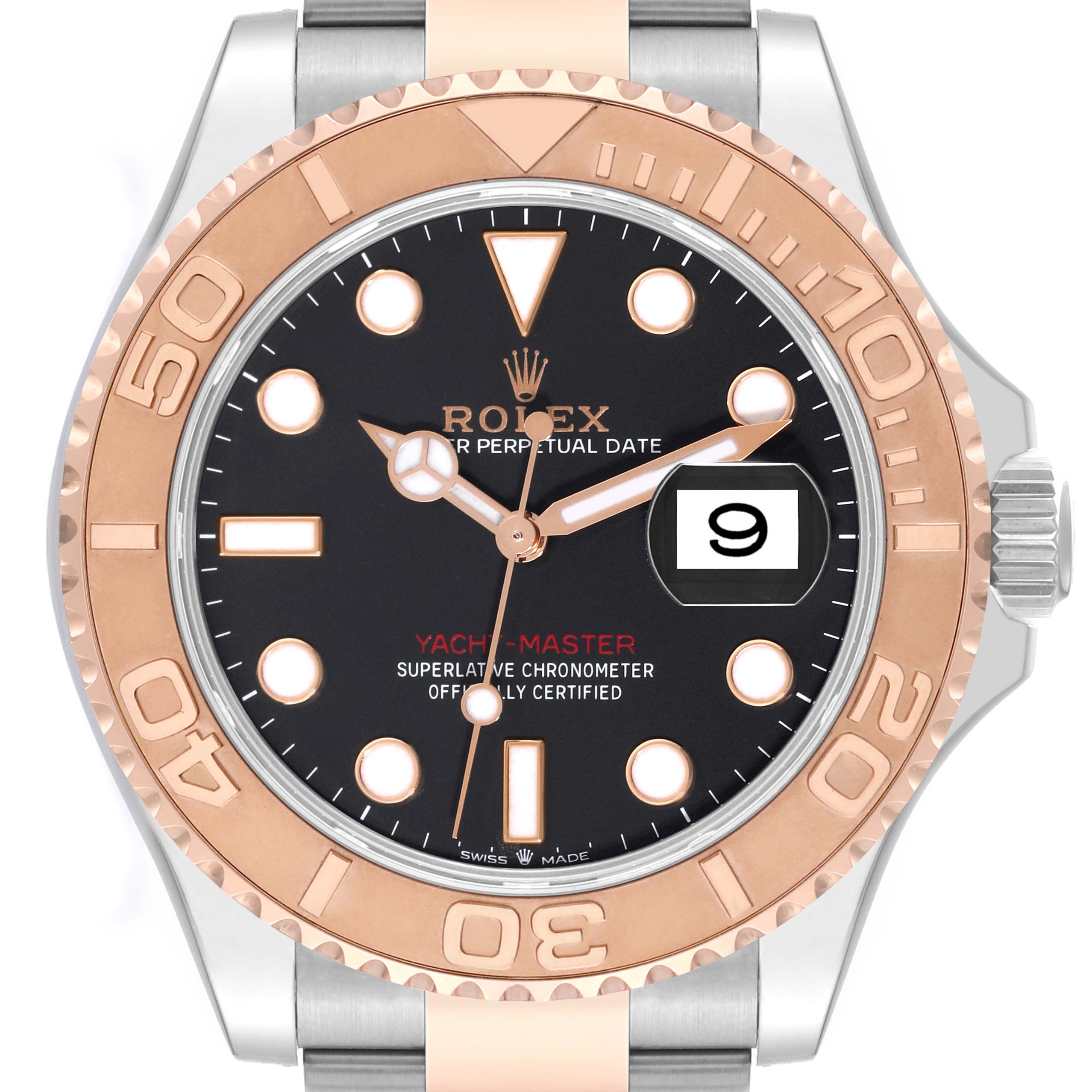 This image shows a front view of the Rolex Yacht-Master 126621 Men's Steel and Gold (two tone) Black Dial 126621 Men's Steel and Gold (two tone) Black Dial watch, displaying the dial, hands, bezel, and a portion of the bracelet.