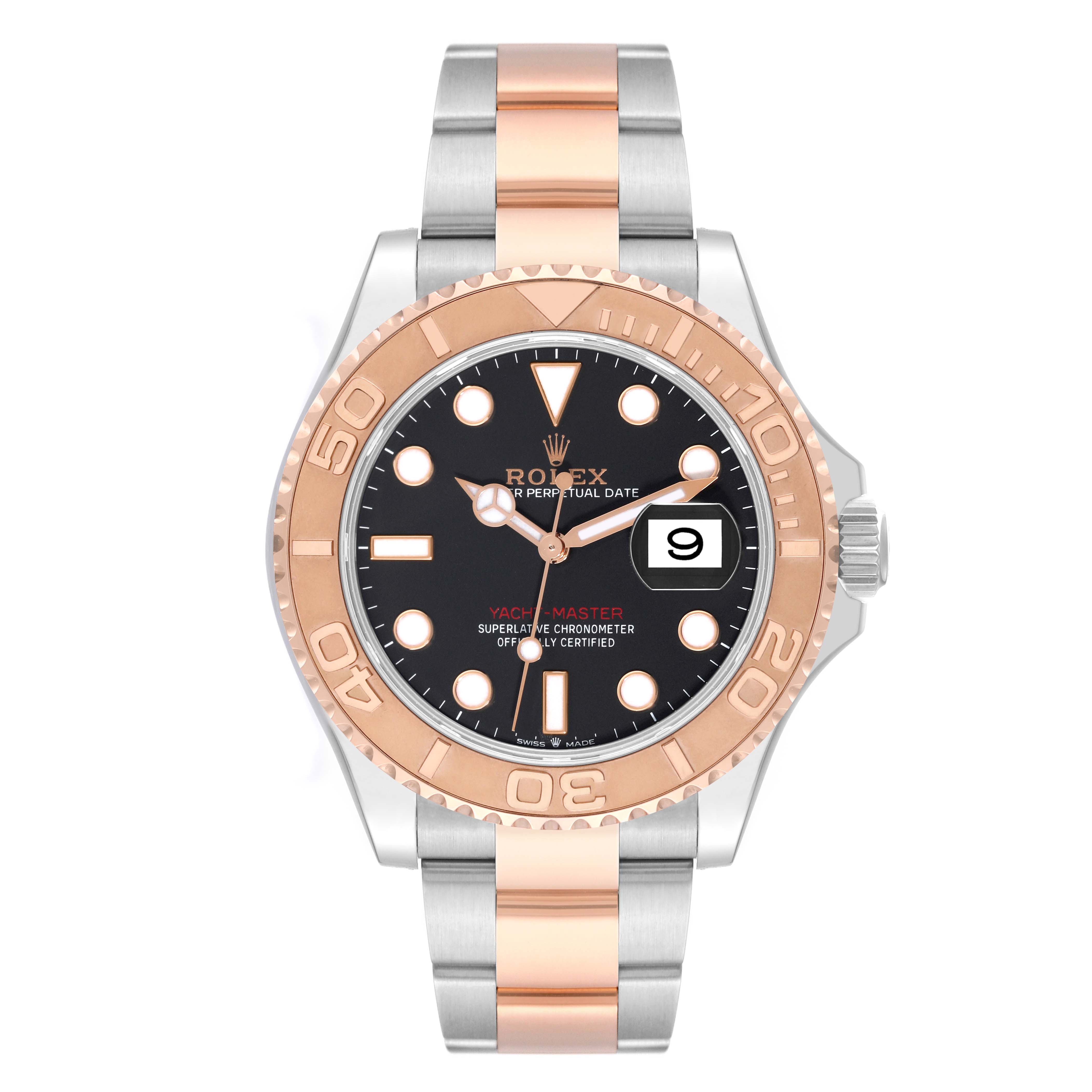 The image shows a front view of the Rolex Yacht-Master 126621 Men's Steel and Gold (two tone) Black Dial 126621 Men's Steel and Gold (two tone) Black Dial watch, showcasing its bezel, dial, hands, date window, and bracelet.
