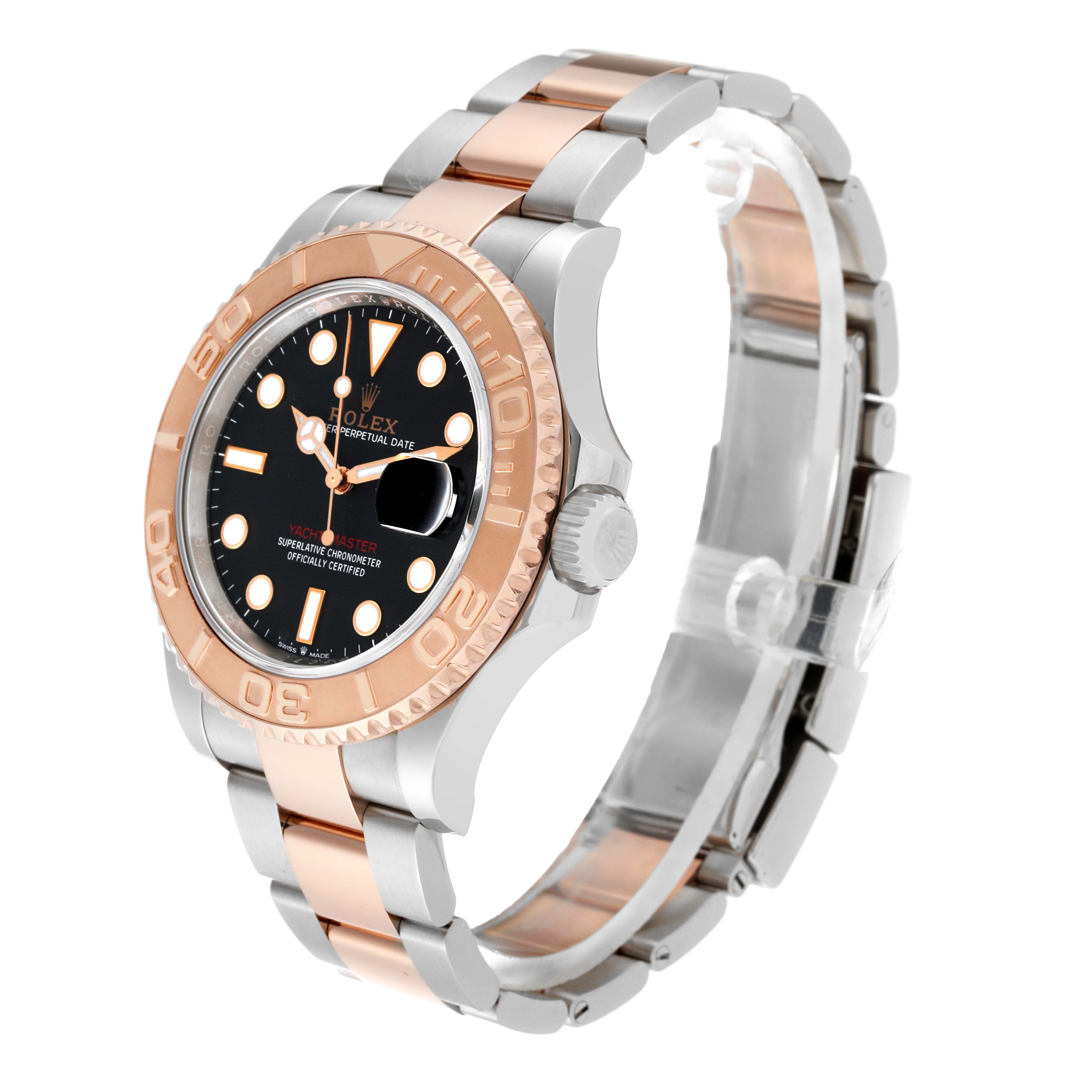 The Rolex Yacht-Master 126621 Men's Steel and Gold (two tone) Black Dial 126621 Men's Steel and Gold (two tone) Black Dial watch is shown at an angle highlighting its black dial, rose gold bezel, and two-tone bracelet.