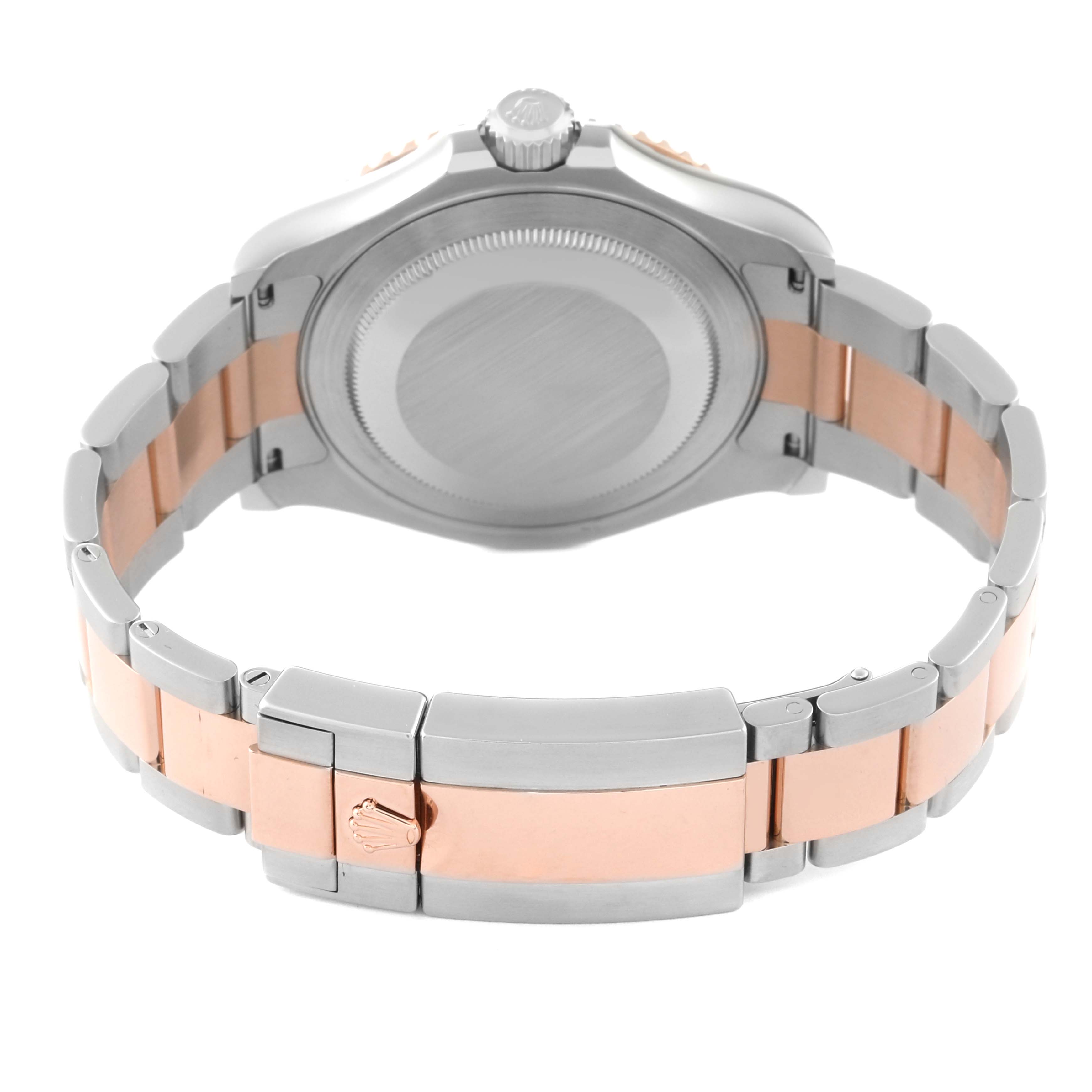 This image shows the back view of a Rolex Yacht-Master 126621 Men's Steel and Gold (two tone) Black Dial 126621 Men's Steel and Gold (two tone) Black Dial watch, highlighting the case back and the two-tone bracelet with a clasp.