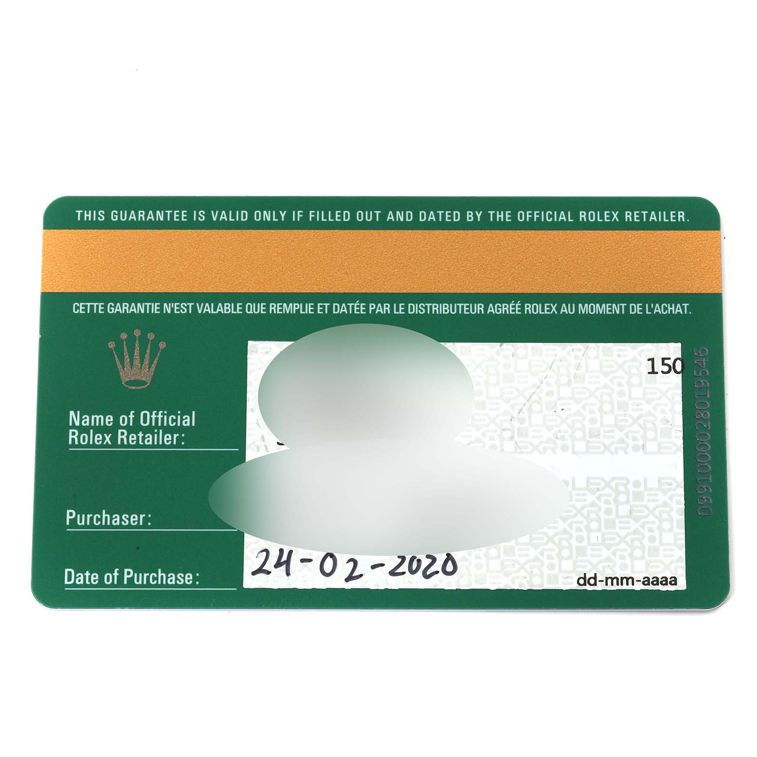 The image shows a warranty card for a Rolex Yacht-Master 126621 Men's Steel and Gold (two tone) Black Dial 126621 Men's Steel and Gold (two tone) Black Dial watch, dated 24-02-2020.