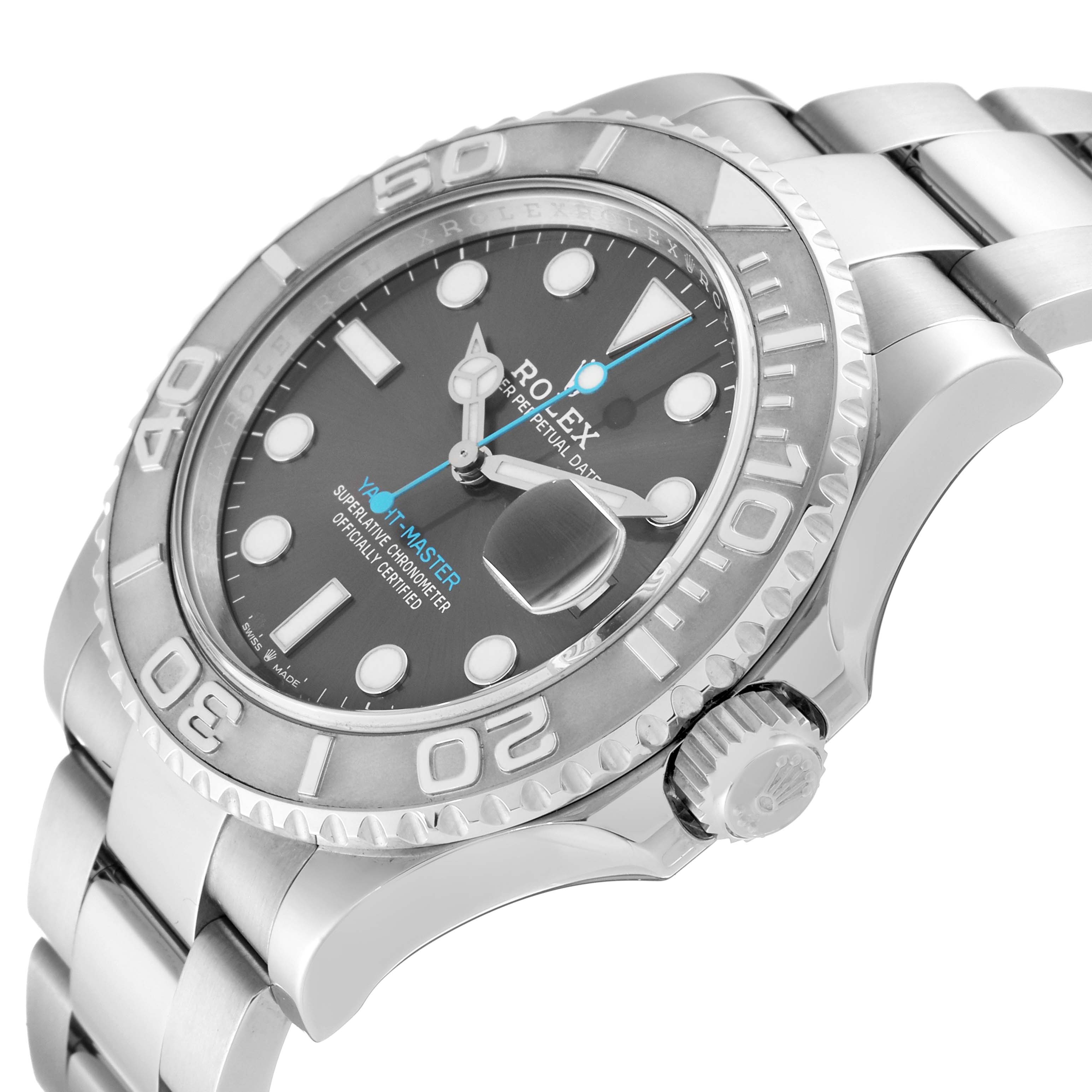 This image shows a Rolex Yacht-Master 126622 Men's Stainless Steel Grey Dial 126622 Men's Stainless Steel Grey Dial watch, angled from the side and capturing the face, bezel, bracelet, and crown.