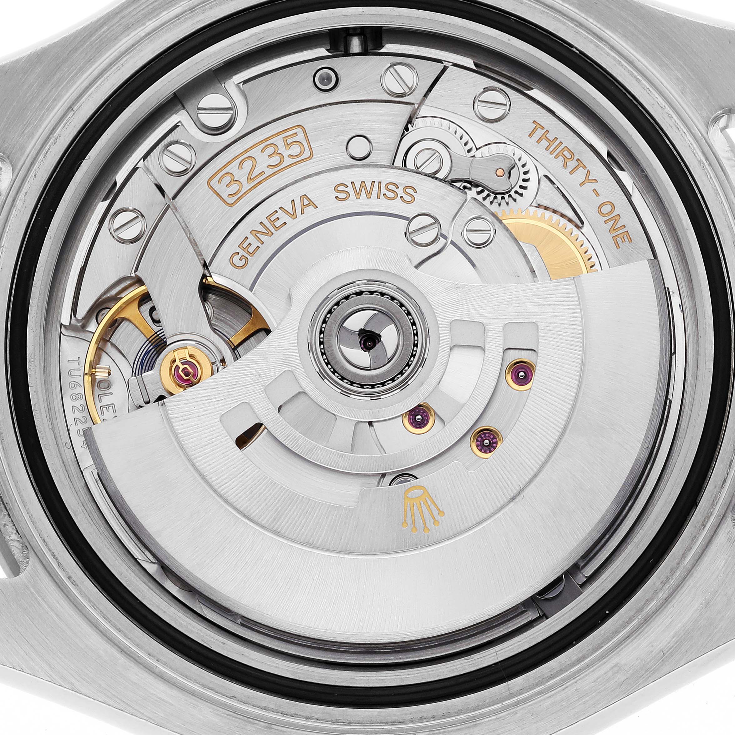 This is a close-up view of the movement mechanism of the Rolex Yacht-Master 126622 Men's Stainless Steel Grey Dial 126622 Men's Stainless Steel Grey Dial model, displaying intricate gear and rotor components.