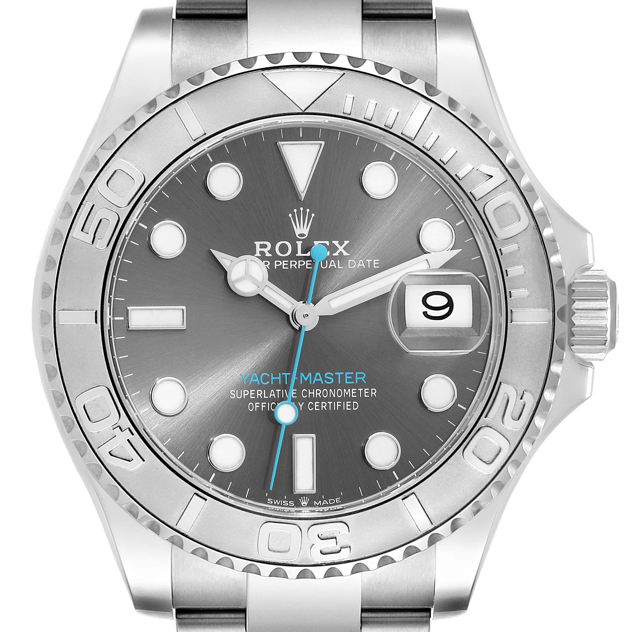 This image shows a front-view angle of the Rolex Yacht-Master 126622 Men's Stainless Steel Grey Dial 126622 Men's Stainless Steel Grey Dial watch, highlighting its dial, bezel, and bracelet.
