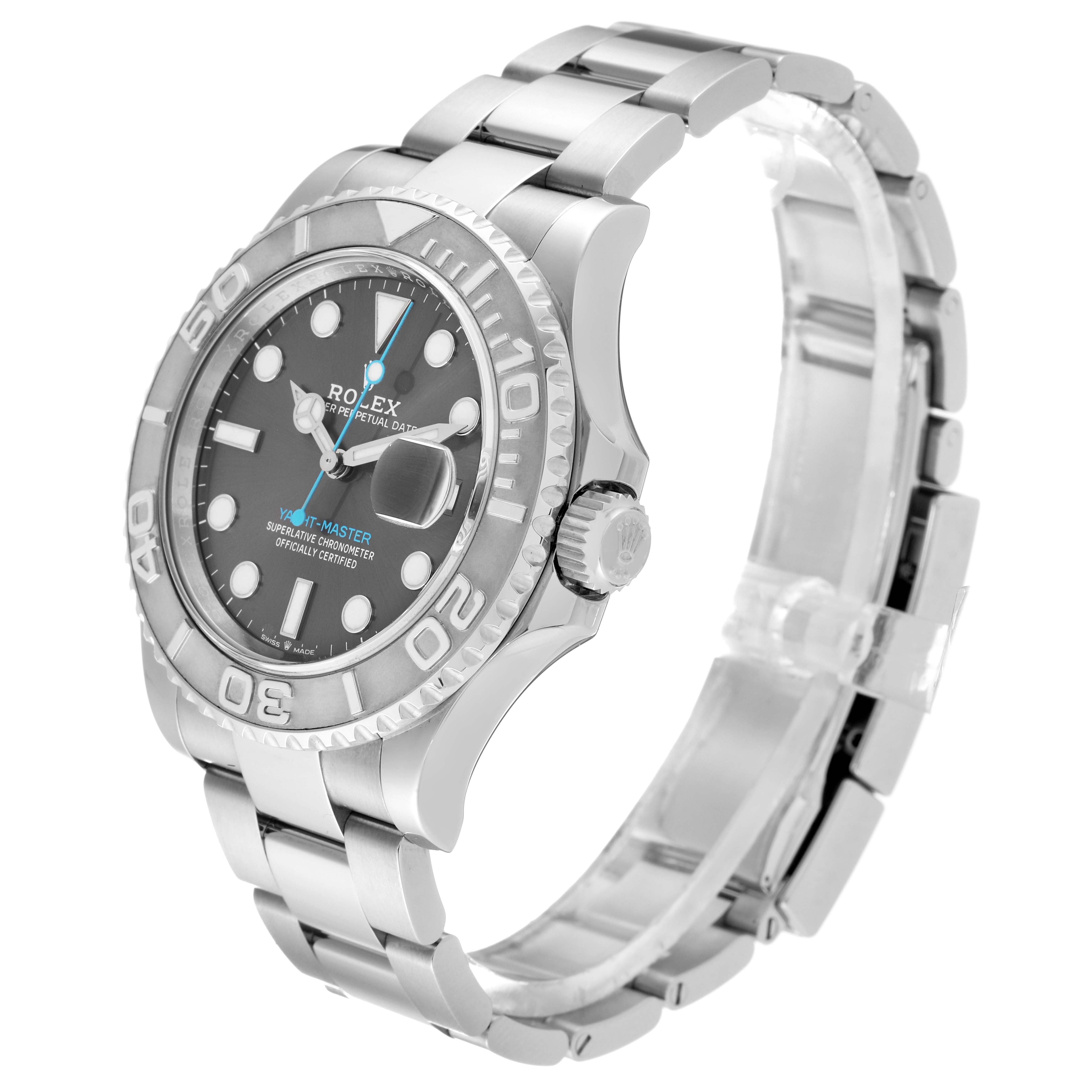 The image shows a side angle view of the Rolex Yacht-Master 126622 Men's Stainless Steel Grey Dial 126622 Men's Stainless Steel Grey Dial watch, highlighting its dial, bezel, crown, and bracelet.