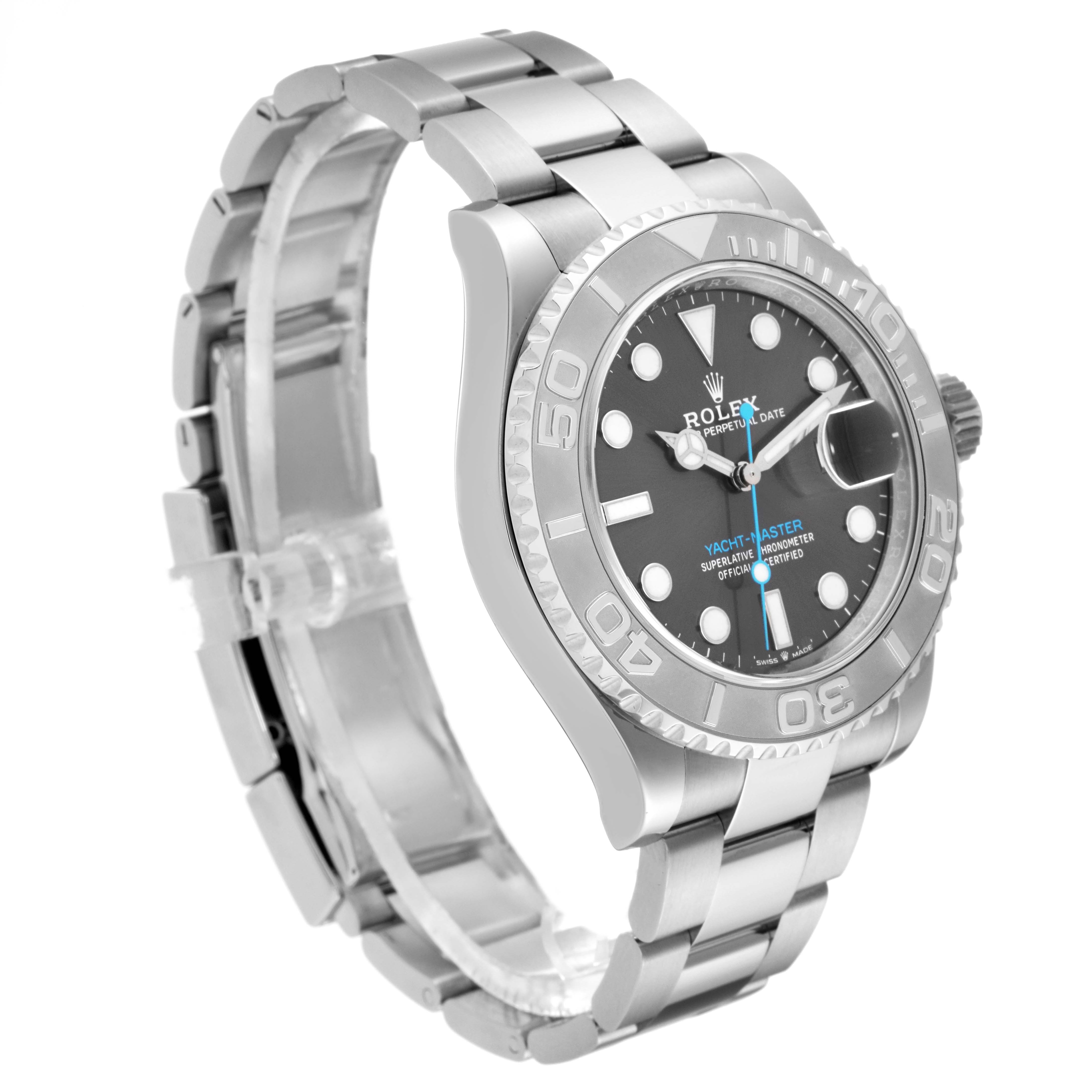 The image shows a side-angle view of the Rolex Yacht-Master 126622 Men's Stainless Steel Grey Dial 126622 Men's Stainless Steel Grey Dial watch, displaying its face, bezel, crown, and bracelet.