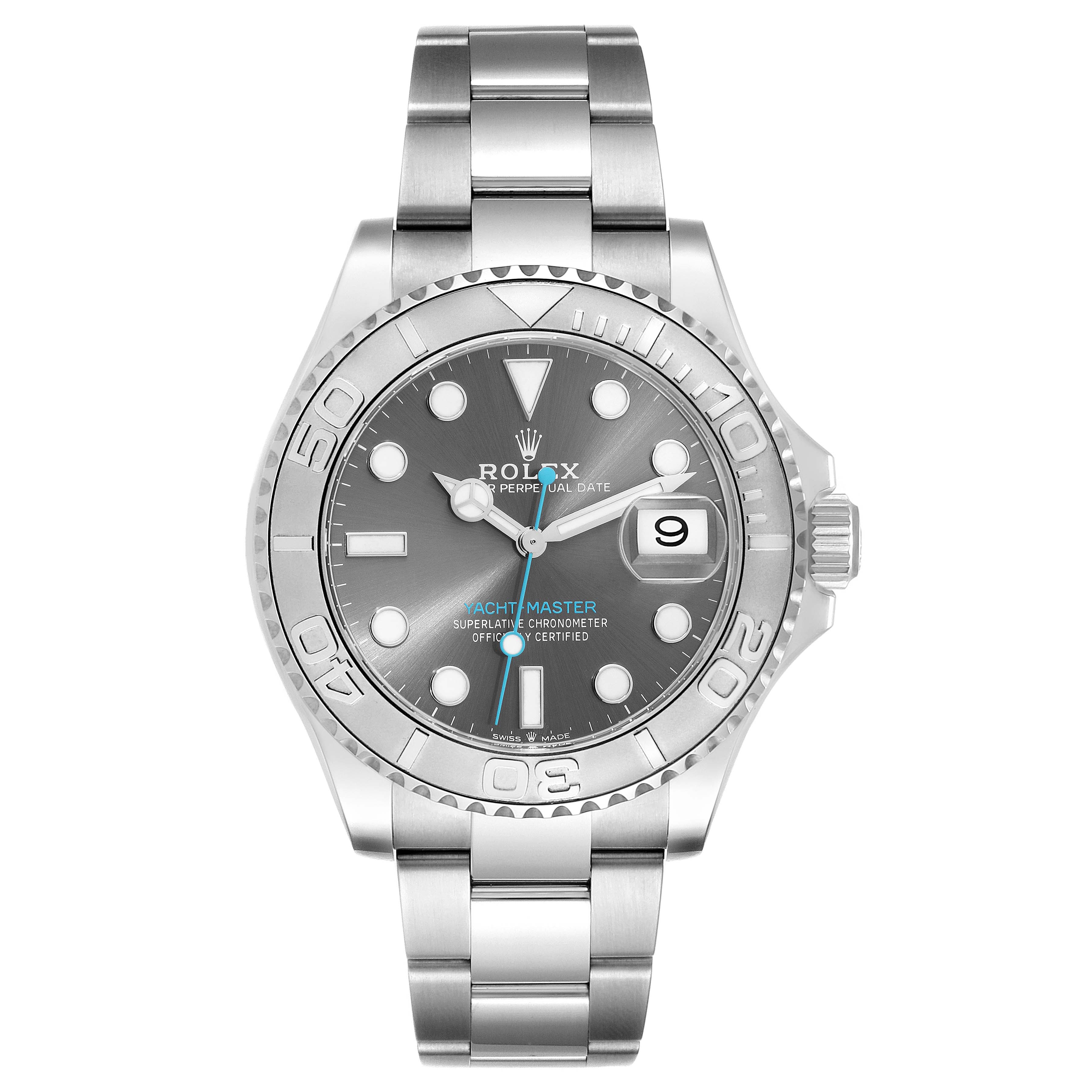 The image shows a frontal view of the Rolex Yacht-Master 126622 Men's Stainless Steel Grey Dial 126622 Men's Stainless Steel Grey Dial watch, highlighting the dial, bezel, and bracelet.