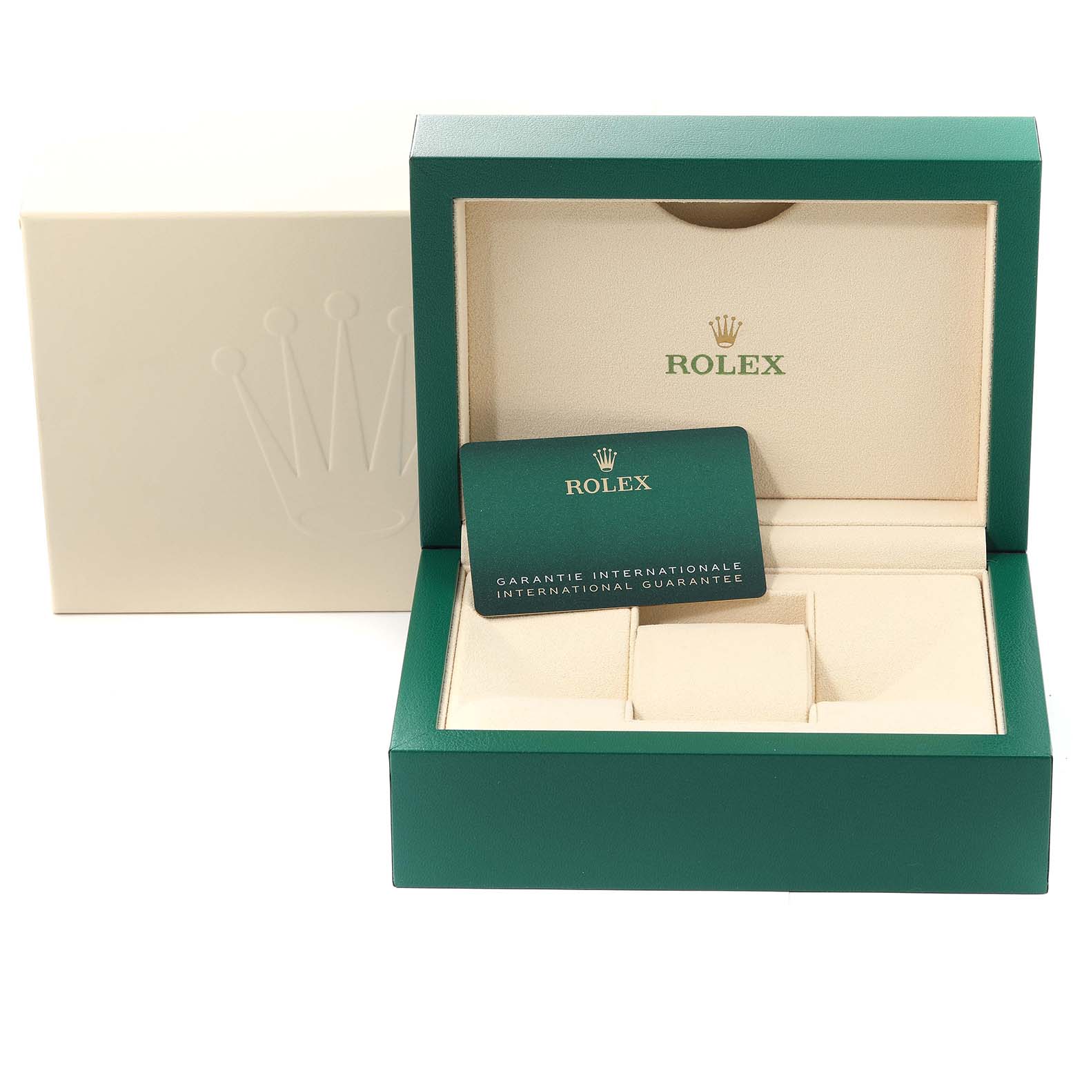 The image shows an open Rolex Yacht-Master 126622 Men's Stainless Steel Grey Dial 126622 Men's Stainless Steel Grey Dial watch box and warranty card, viewed from the front.