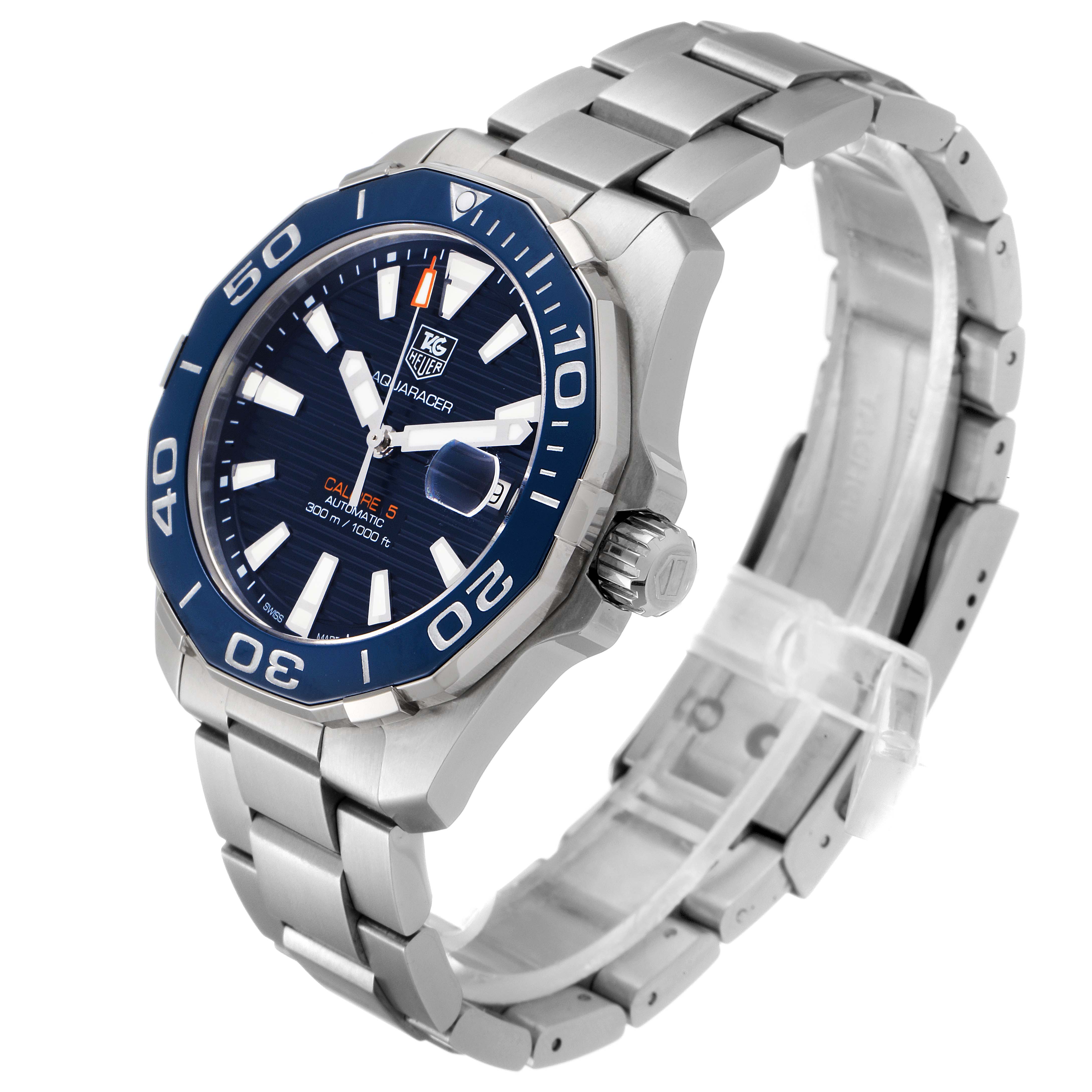 The Tag Heuer Aquaracer WAY211C.BA0928 Men
s Stainless Steel Blue Dial WAY211C.BA0928 Men
s Stainless Steel Blue Dial watch is shown at a three-quarter angle, highlighting the face, bezel, dial, and stainless steel bracelet.