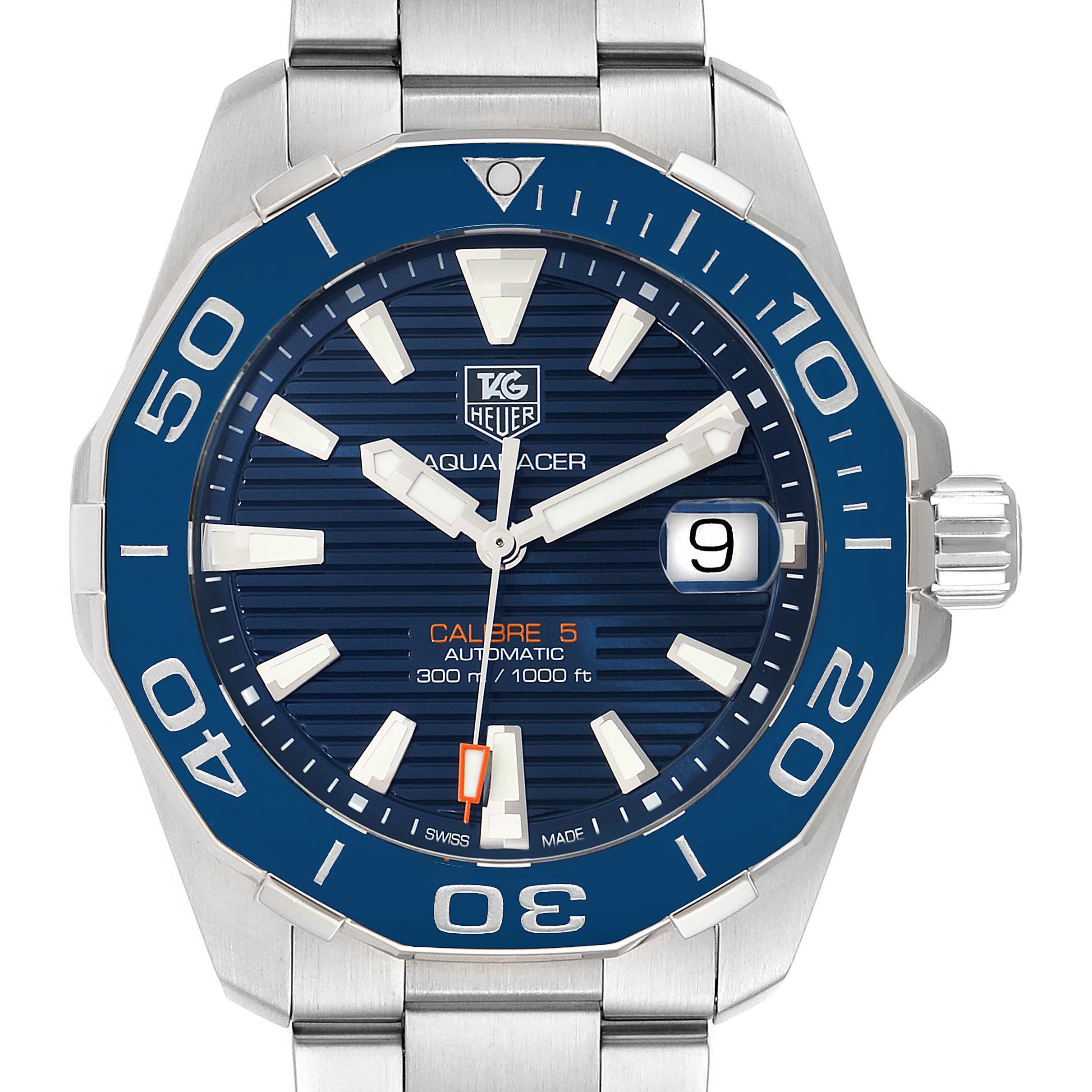 Front view of a Tag Heuer Aquaracer WAY211C.BA0928 Men
s Stainless Steel Blue Dial WAY211C.BA0928 Men
s Stainless Steel Blue Dial watch showing the blue dial, bezel, hands, date window, and stainless steel bracelet.
