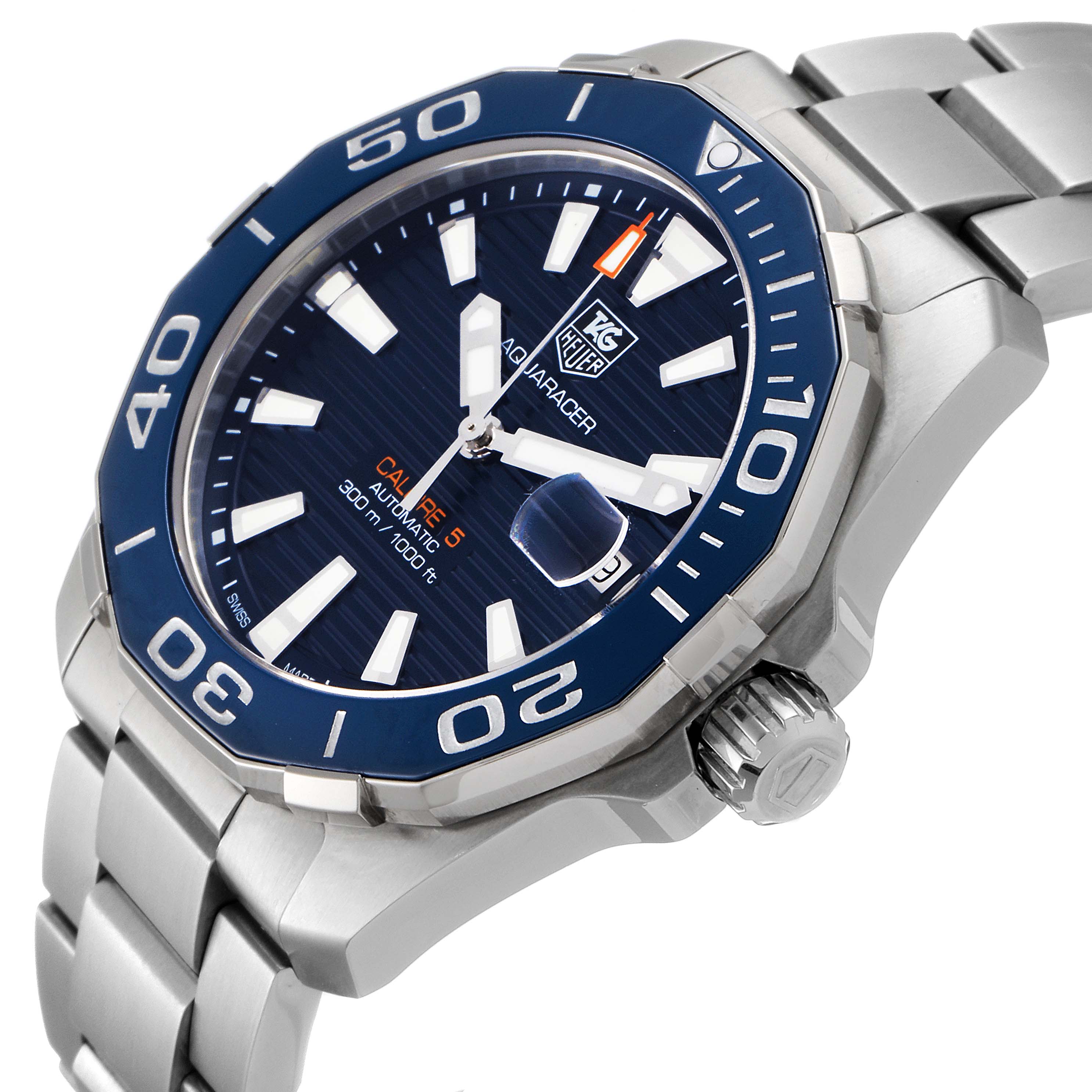 The image shows a Tag Heuer Aquaracer WAY211C.BA0928 Men
s Stainless Steel Blue Dial WAY211C.BA0928 Men
s Stainless Steel Blue Dial watch angled from the right-side, highlighting the bezel, crown, dial, and part of the bracelet.