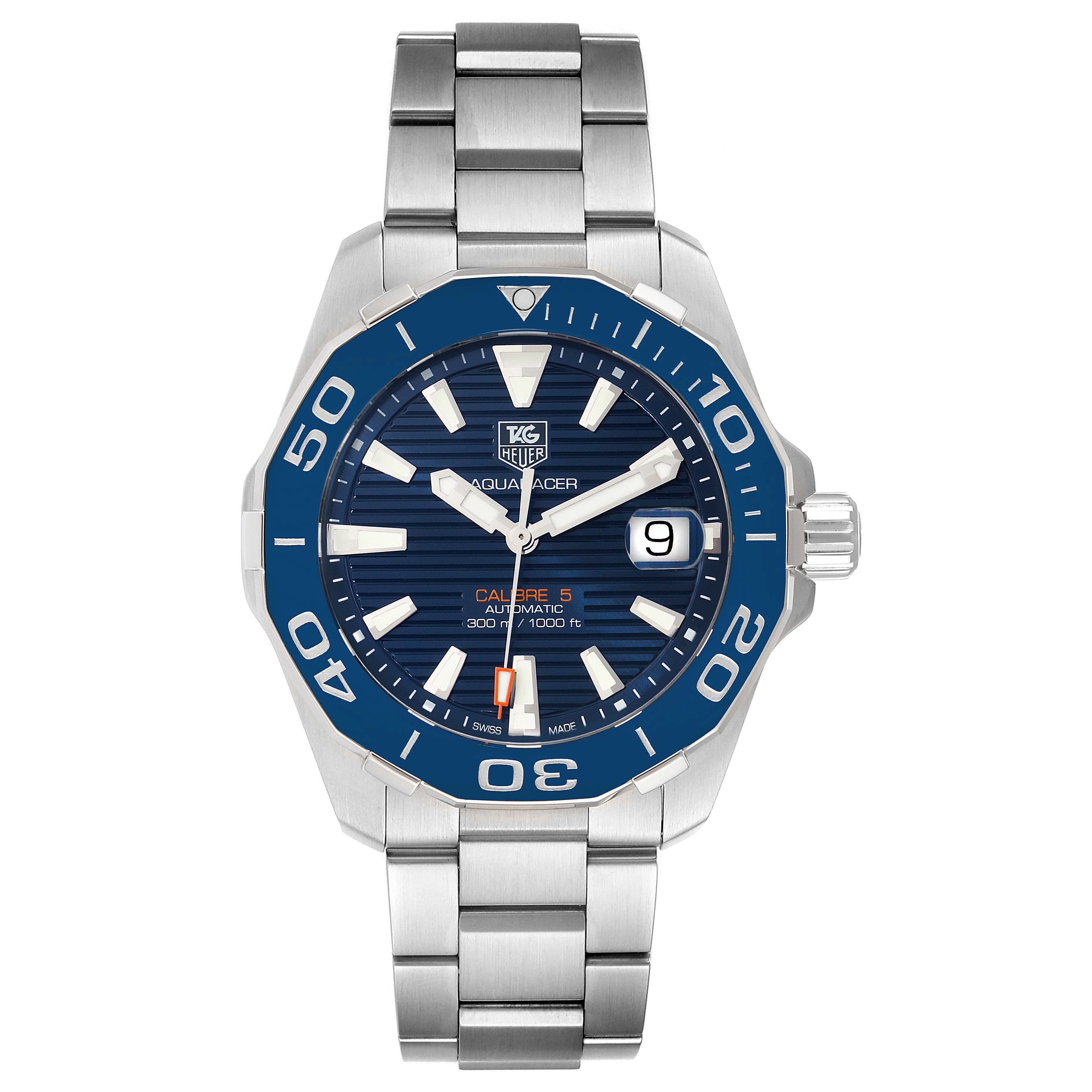 This is a frontal view of the Tag Heuer Aquaracer WAY211C.BA0928 Men
s Stainless Steel Blue Dial WAY211C.BA0928 Men
s Stainless Steel Blue Dial watch, showing the face, bezel, hands, and part of the metal bracelet.
