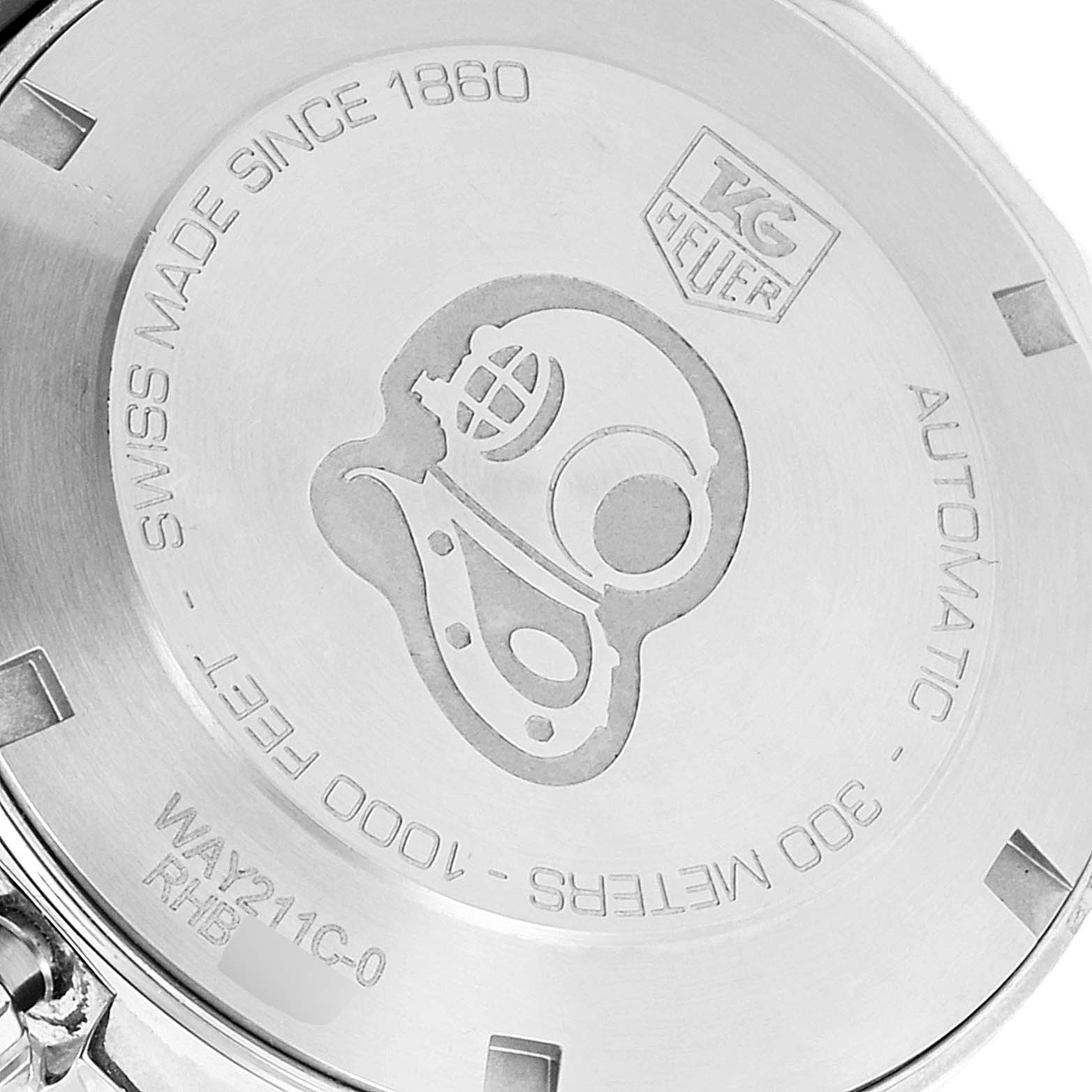 The image shows the case back of the Tag Heuer Aquaracer WAY211C.BA0928 Men
s Stainless Steel Blue Dial WAY211C.BA0928 Men
s Stainless Steel Blue Dial watch, displaying the engravings and logo.