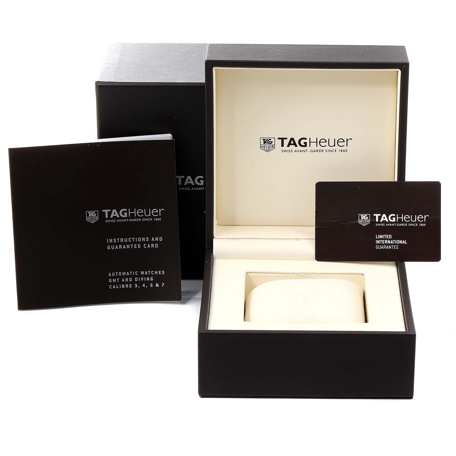 The image shows the box, instruction manual, and guarantee card for a Tag Heuer Aquaracer WAY211C.BA0928 Men
s Stainless Steel Blue Dial WAY211C.BA0928 Men
s Stainless Steel Blue Dial watch.