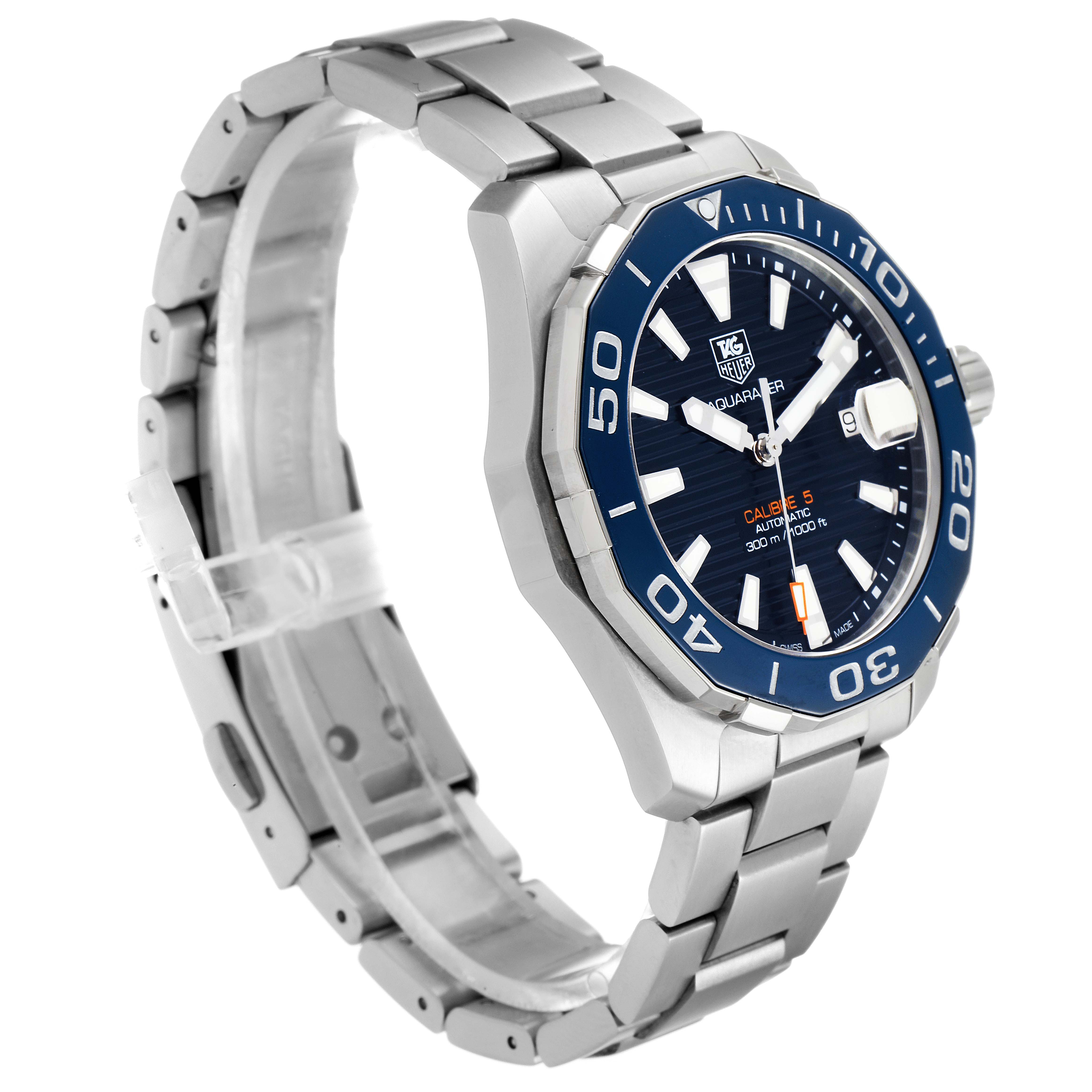 The image shows a side angle view of the Tag Heuer Aquaracer WAY211C.BA0928 Men
s Stainless Steel Blue Dial WAY211C.BA0928 Men
s Stainless Steel Blue Dial watch, highlighting the blue bezel, face, and stainless steel band.